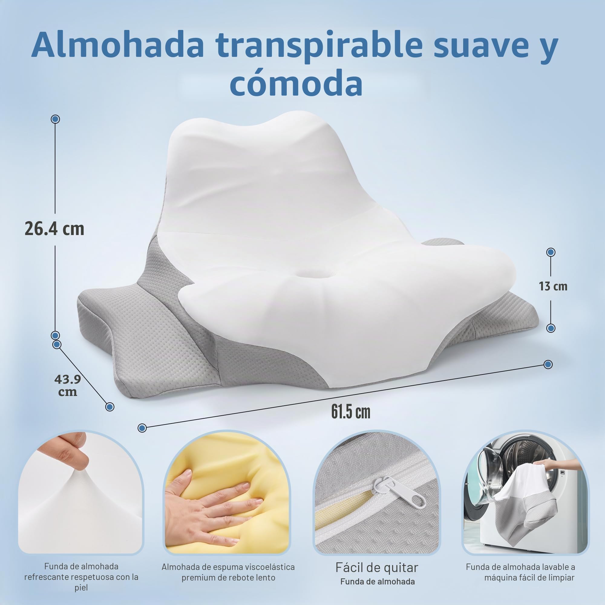 Careboda Almohada Multifunción Ergonómica Espuma Viscoelástica | Almohada ergonómica espuma viscoelástica, todas las posturas, alivia presión cervical, transpirable.