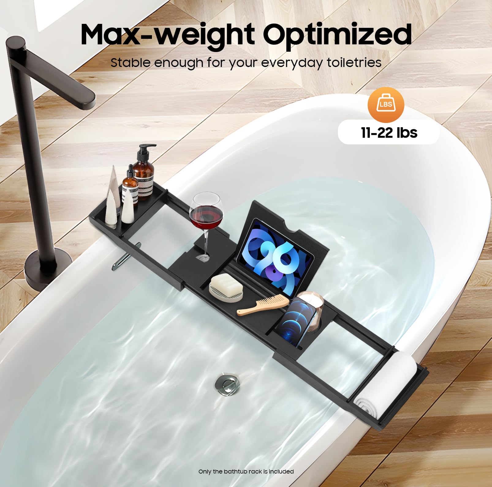 Estante extensible de bambú para bañera, ajustable, longitud ajustable de 75 a 111 cm, color negro