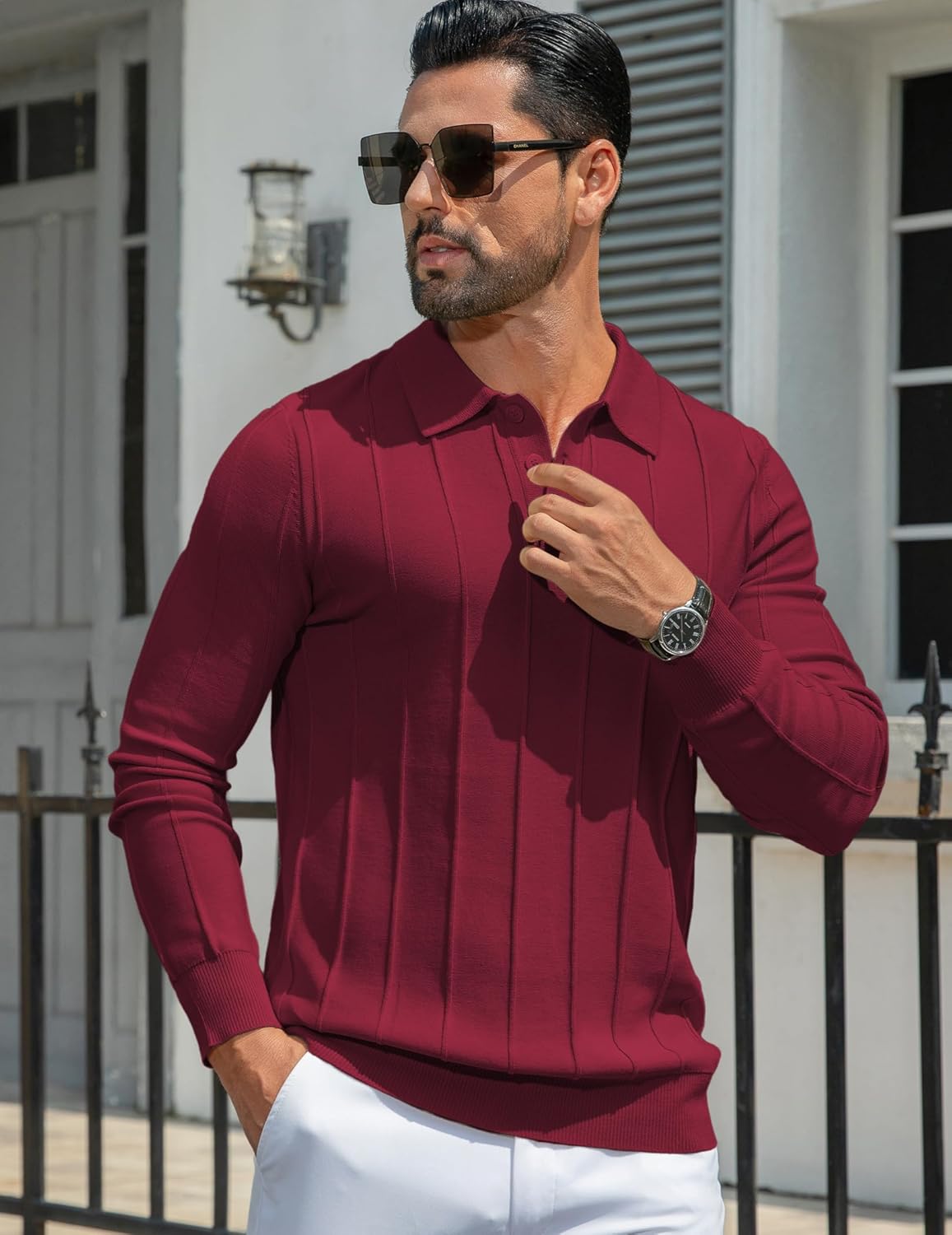 MioRoim Men's Knit Polo Shirts Casual Long Sleeve Polo Sweater Cable Ribbed Knitted Sweaters Vintage Golf Pullover Shirt - Image 2