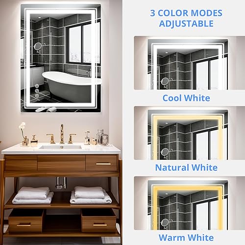 Miniatura 3 de Espejo de baño LED de 32 x 24 pulgadas con luces integradas, espejos de pared iluminados con antiempañamiento, memoria, regulable, 3 colores, espejo