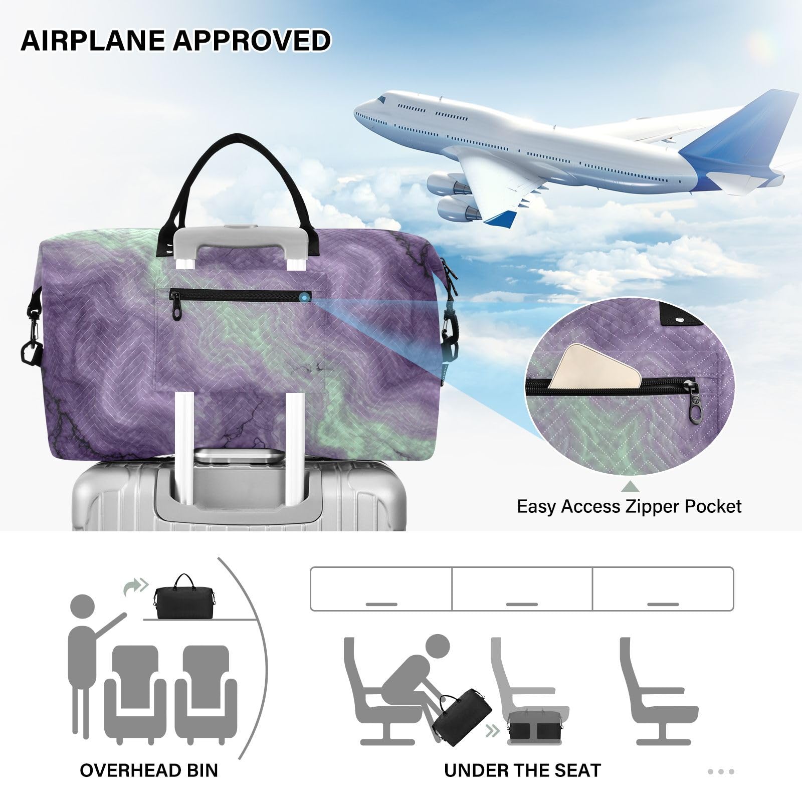 Reisetaschen-Set, 2-teilig, gewellt, gesteppt, Trolleyhülle, geräumig, Urlaub, Reisen, Pflaumenfarbener Marmor, One Size, Klassisch