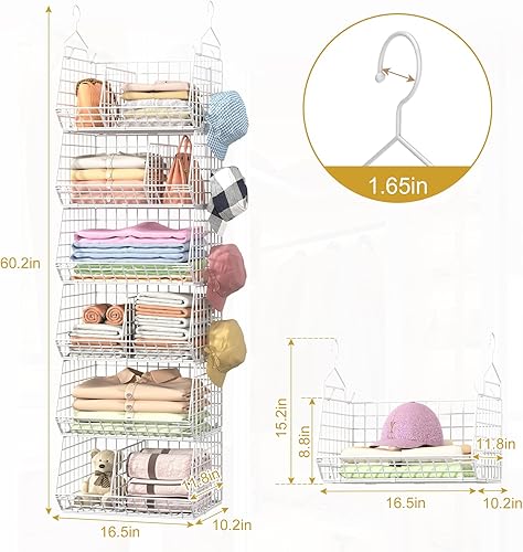 Miniatura 3 de Colgador de armario colgante de 6 niveles con divisores, colgador de almacenamiento plegable de gran tamaño, estante de alambre para armario con 5