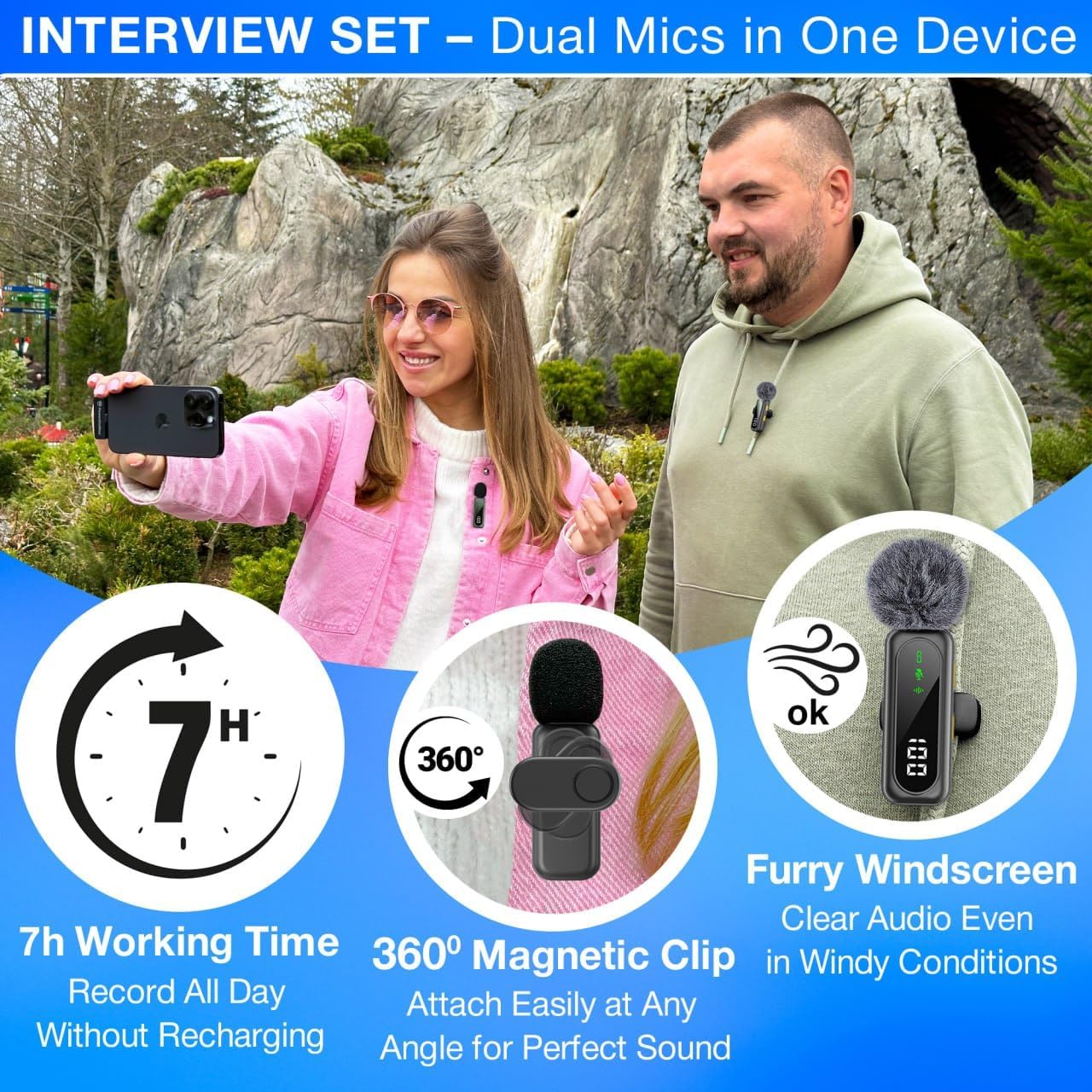 Wireless Lavalier Microphone for iPhone Mini Mic Android/Tablet/PC Video Recording Clip-on Mics with Rotatable Clip&Denoise Recording, Ideal for Vlog Tiktok Youtube Podcast Content Creator