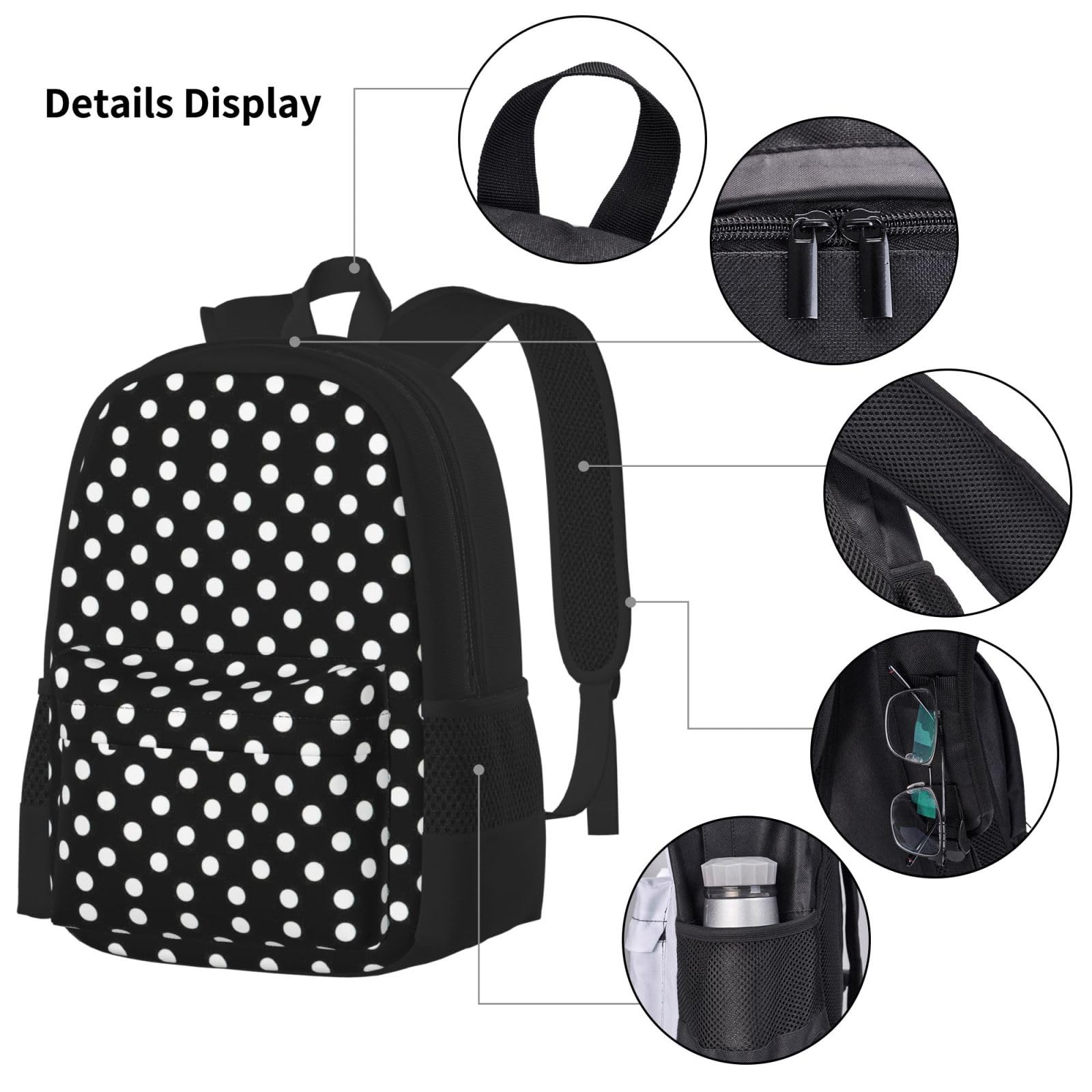 Juego de 3 mochilas escolares con estampado de lunares blancos y negros, mochila de gran capacidad resistente al agua para laptop con bolsa de almuerzo aislada y estuche para lápices para