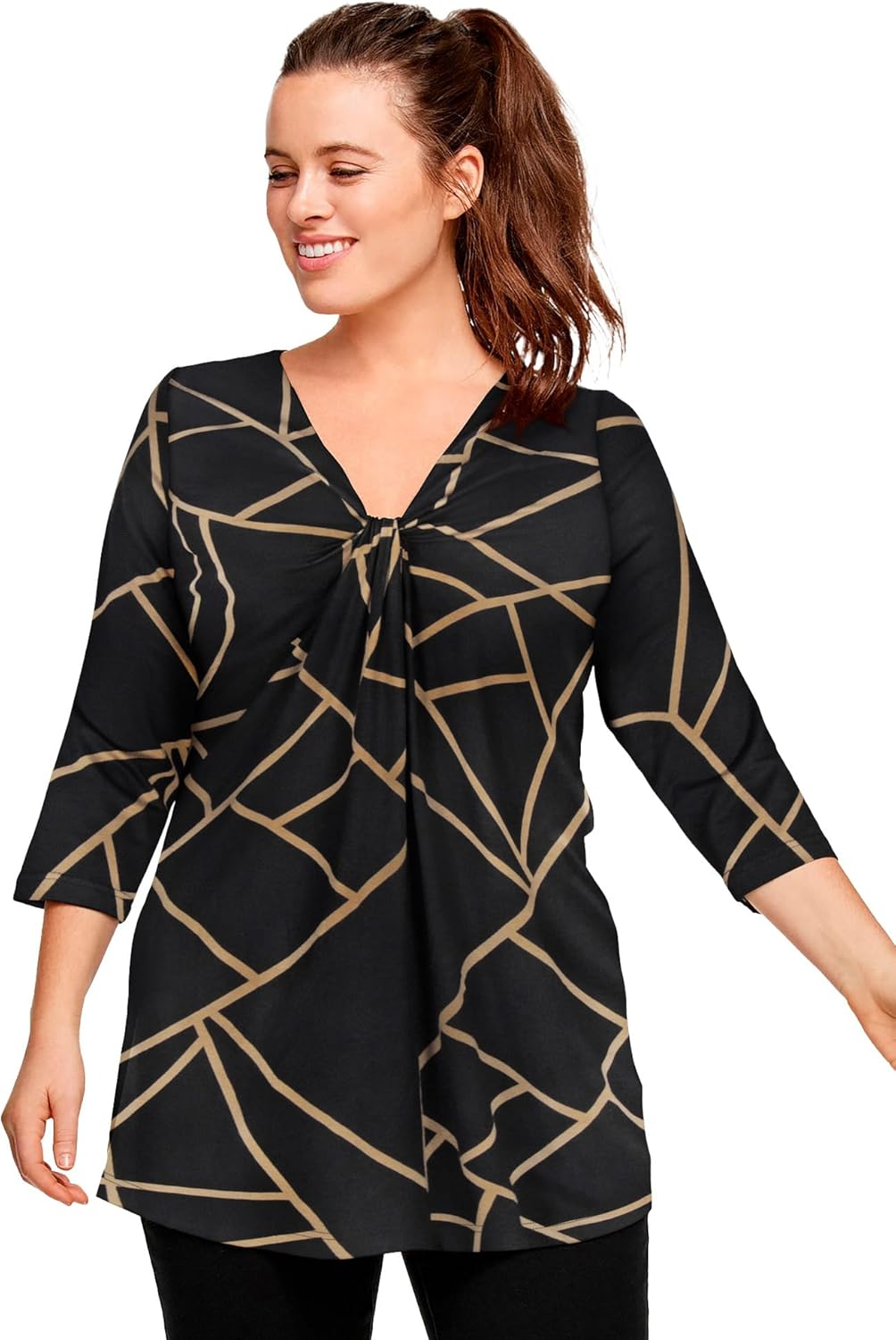 ellos Plus Size Stretch Knit V-Neck 3/4 Sleeve Knot Front Tunic