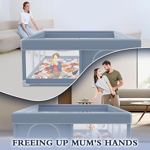 Miniatura 6 de Corralito para bebés de 74 x 50 pulgadas con alfombra, corralito para bebés y niños pequeños, parque infantil para interiores y exteriores, con tela