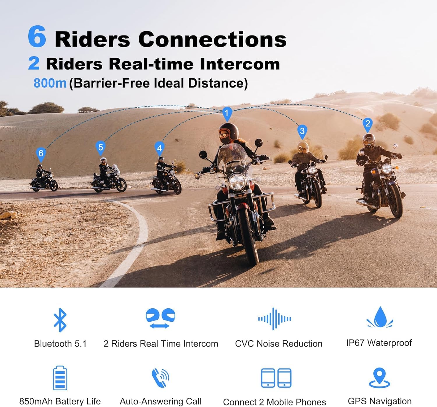 MIMIRACLE V6 Pro - Auriculares Bluetooth para casco de motocicleta, hasta 6 conductores, 2 vías, 1200 m, IP65, impermeable, sistema de comunicación inalámbrico para moto de cross, cuatrimotos,