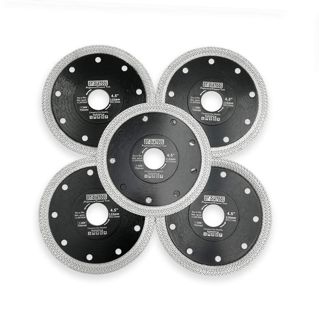 DT-DIATOOL Diamond Tile Blade 4-1/2 Inch 5pcs Diamond Turbo X Mesh Rim Segement Circular Saw Blade for Procelain Ceramic Stoneware Marble Granite Fits 5/8"-7/8" Arbor