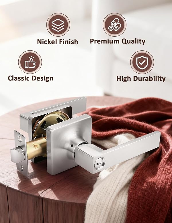 Mengico 6 Pack Door Lever Heavy Duty, Privacy Door Handles Locksets,Satin Nickel Reversible Keyless Square Door Lever for Bedroom and Bathroom by Mengico - Used condition - Image 2