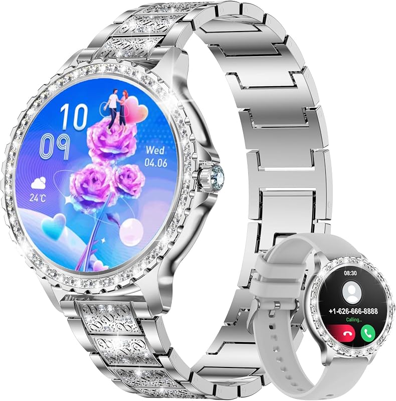 Smart Watch for Women(Answer/Make Calls),1.3" HD Diamonds Luxury Smartwatch for Android iPhone Phones,Fitness Trackers with 20+ Sport Modes/HR/IP68 Waterproof/SpO2/Sleep Monitor/Pedometer,Silver