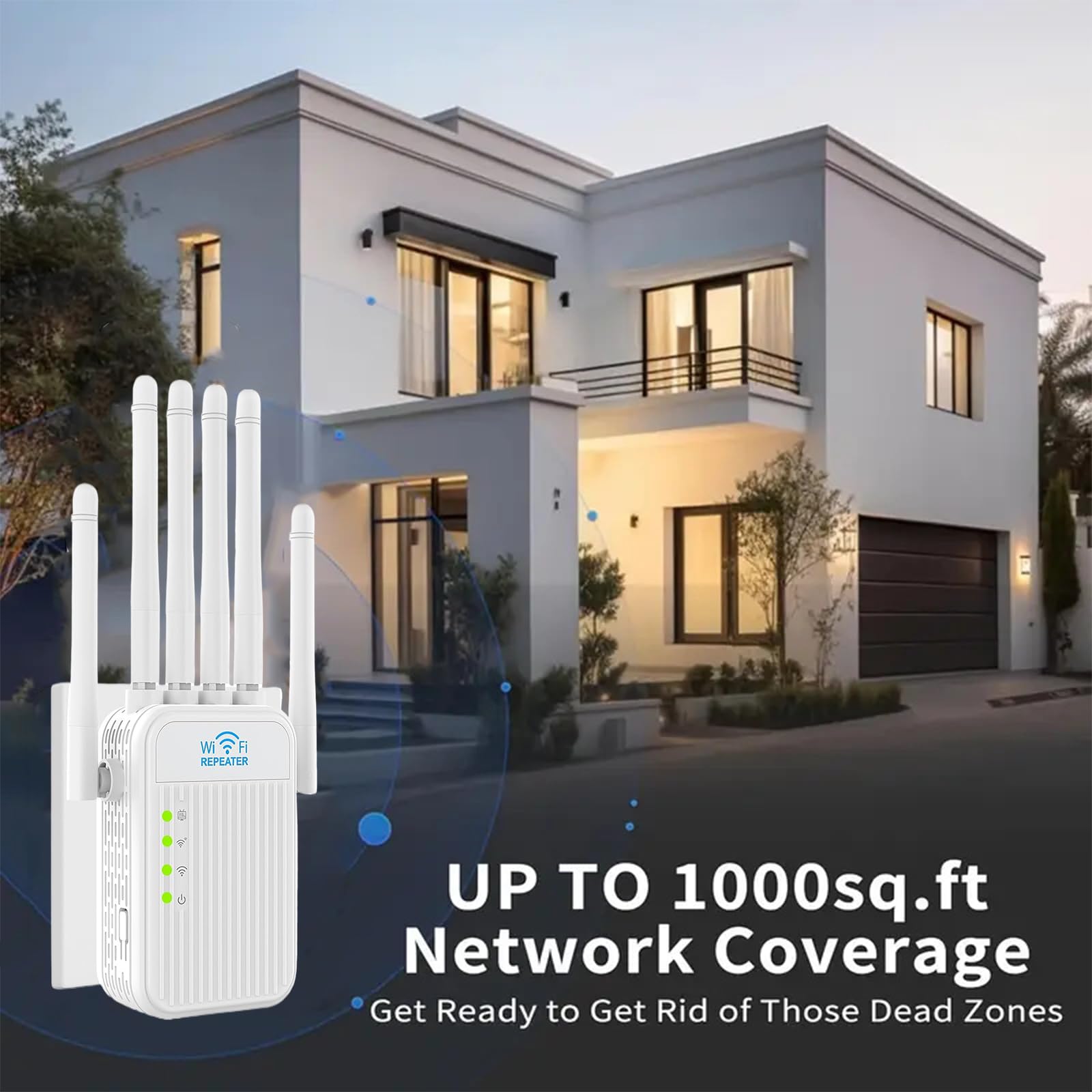 Repeteur WiFi Puissant sans Fil Amplificateur de Signal WiFi,6 Antennes deTransmission Rapide 2 Ports LAN Répéteur WiFi Extérieur Couverture WiFi de 12000Sq.Ft WiFi Extender Signal Booster (Blanc)