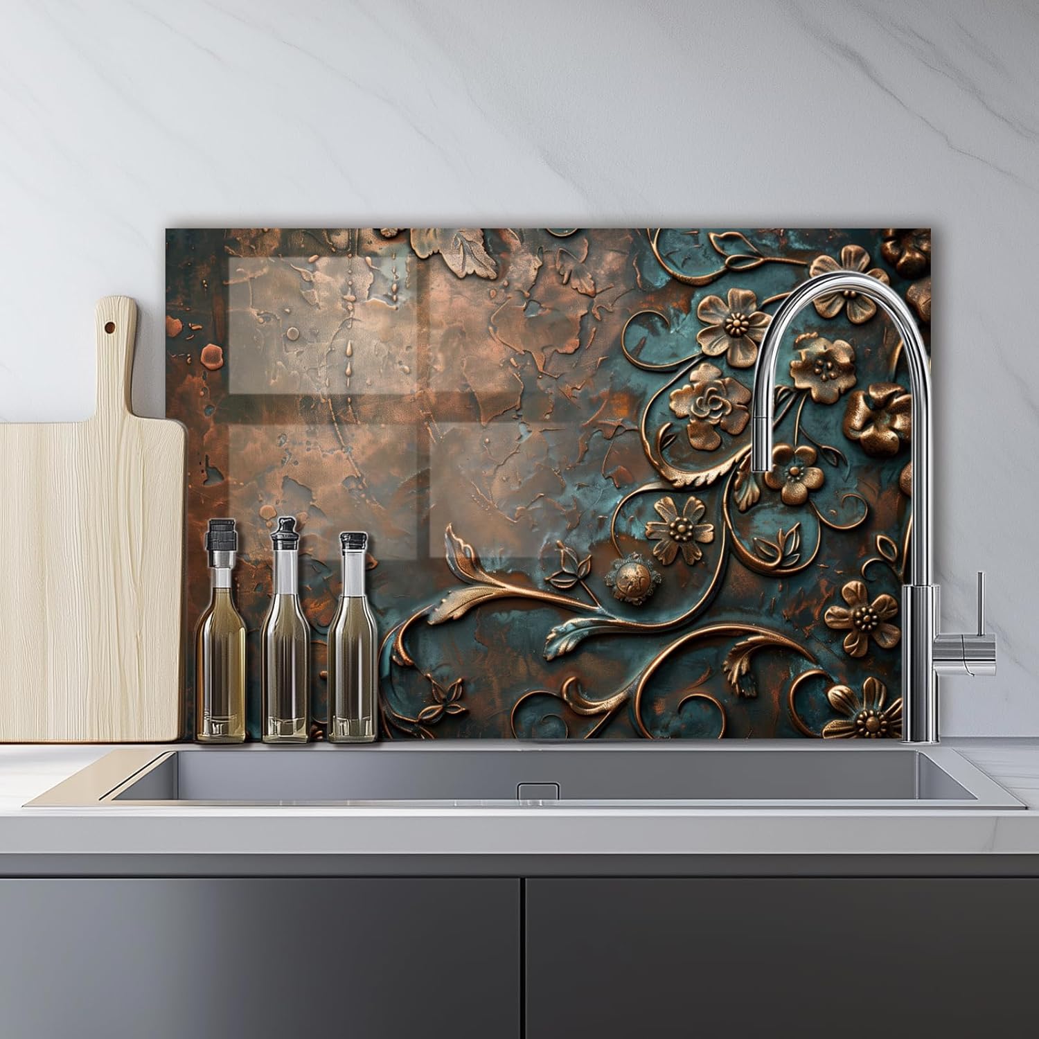 LMSDYSHU Tempered Glass Backsplash for Kitchen,Retro Plum Blossom, Grape，Mosaic leaves，Frameless, Stove Backsplash Protector for Wall,Easy to Clean, Home Decor (Retro Plum Blossom, 30"x14")