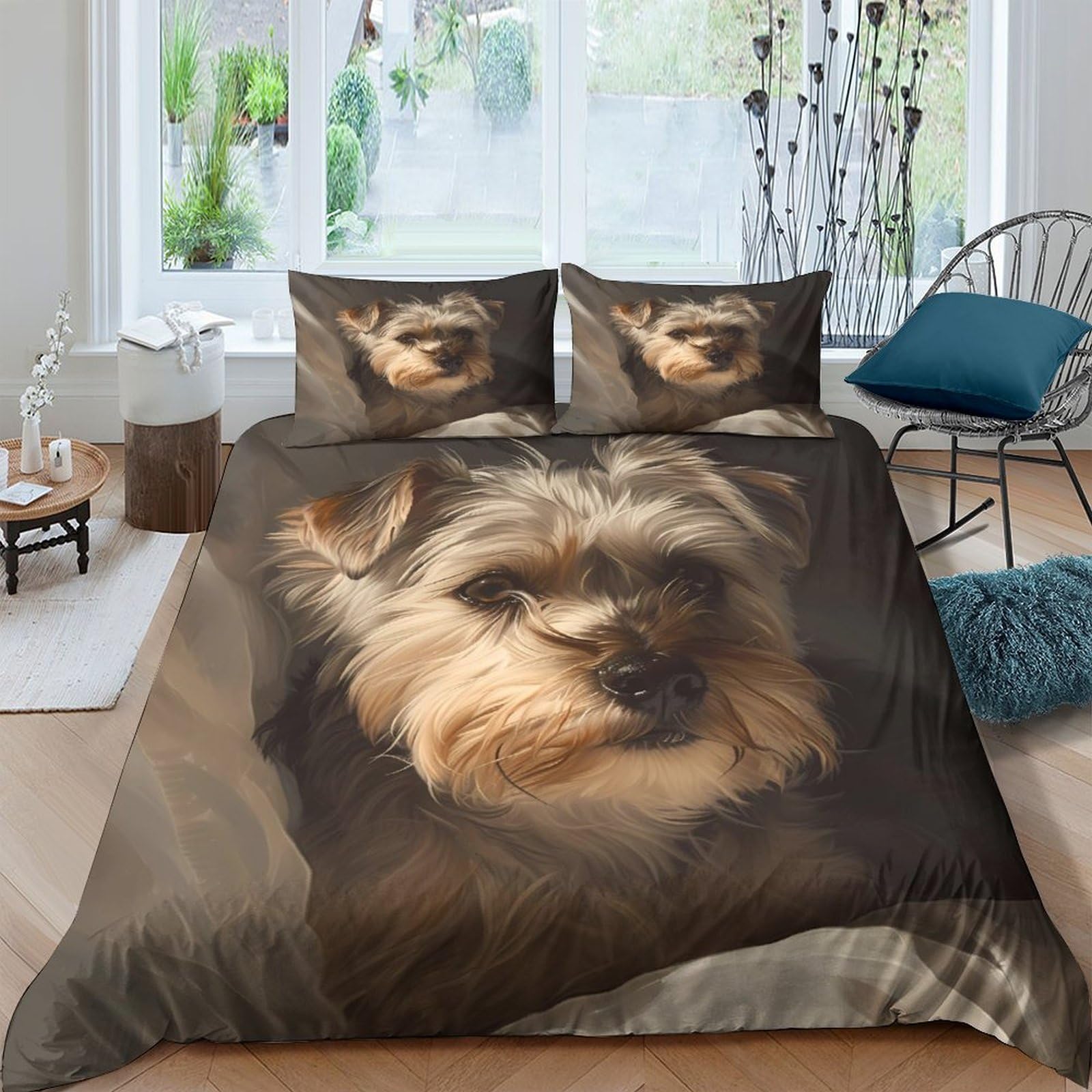 GPLZQXKJNH 3D Printed Yorkshire Terrier Duvet Cover Set Microfiber Soft Breathable Dog Bedding Set with 2 Pillowcases for Bedroom Decor Single（135x200cm）
