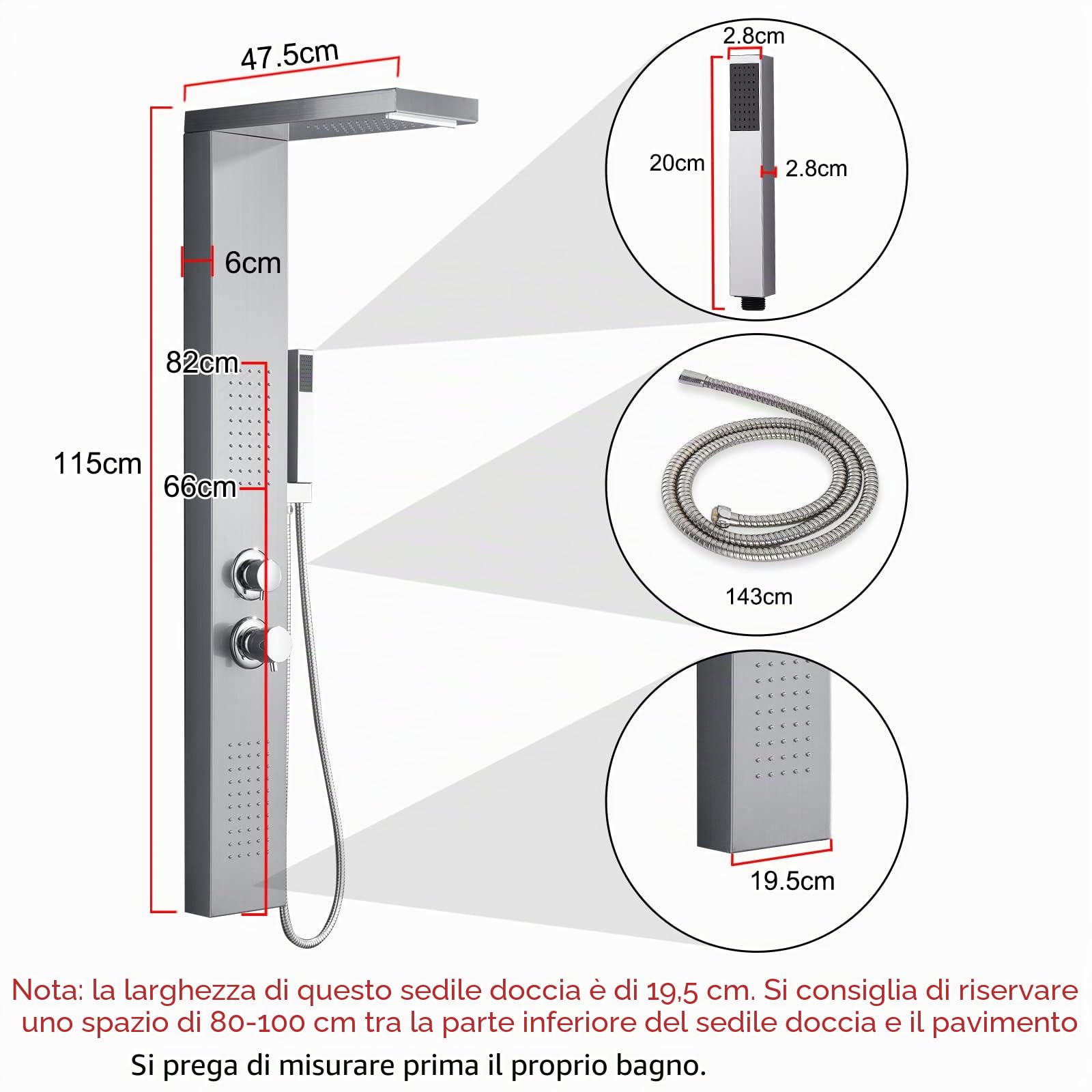 UISEBRT Pannello Doccia Idromassaggio in Acciaio Inox - 4 Funzioni Colonna Doccia Set con per Bagno Inox Sistema Set Doccia con Soffione Fisso,Massaggi,Doccetta e Bocca Vasca (Argento)