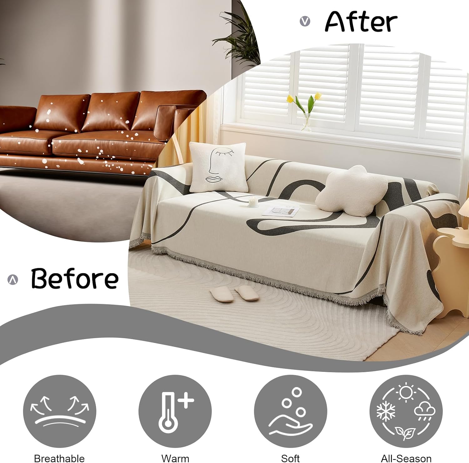 VClife Boho Cream White Black Stripe Loveseat Cover with Tassel, 71 x 102 image 4