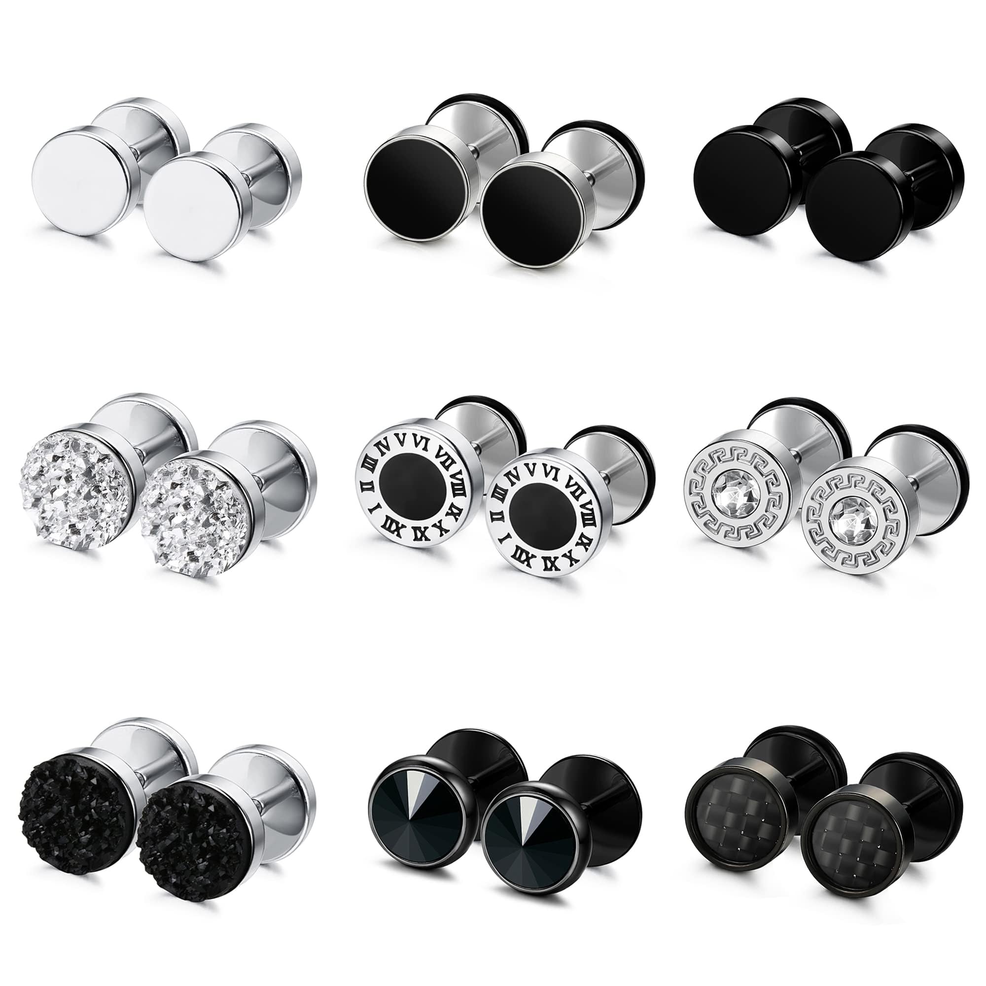 FIBO STEEL 9 Pairs Fake Gauge Earrings for Men Women Stainless Steel Stud Earring Round Cheater Plug Earring Faux Gauges Ear Tunnel Mens Earrings