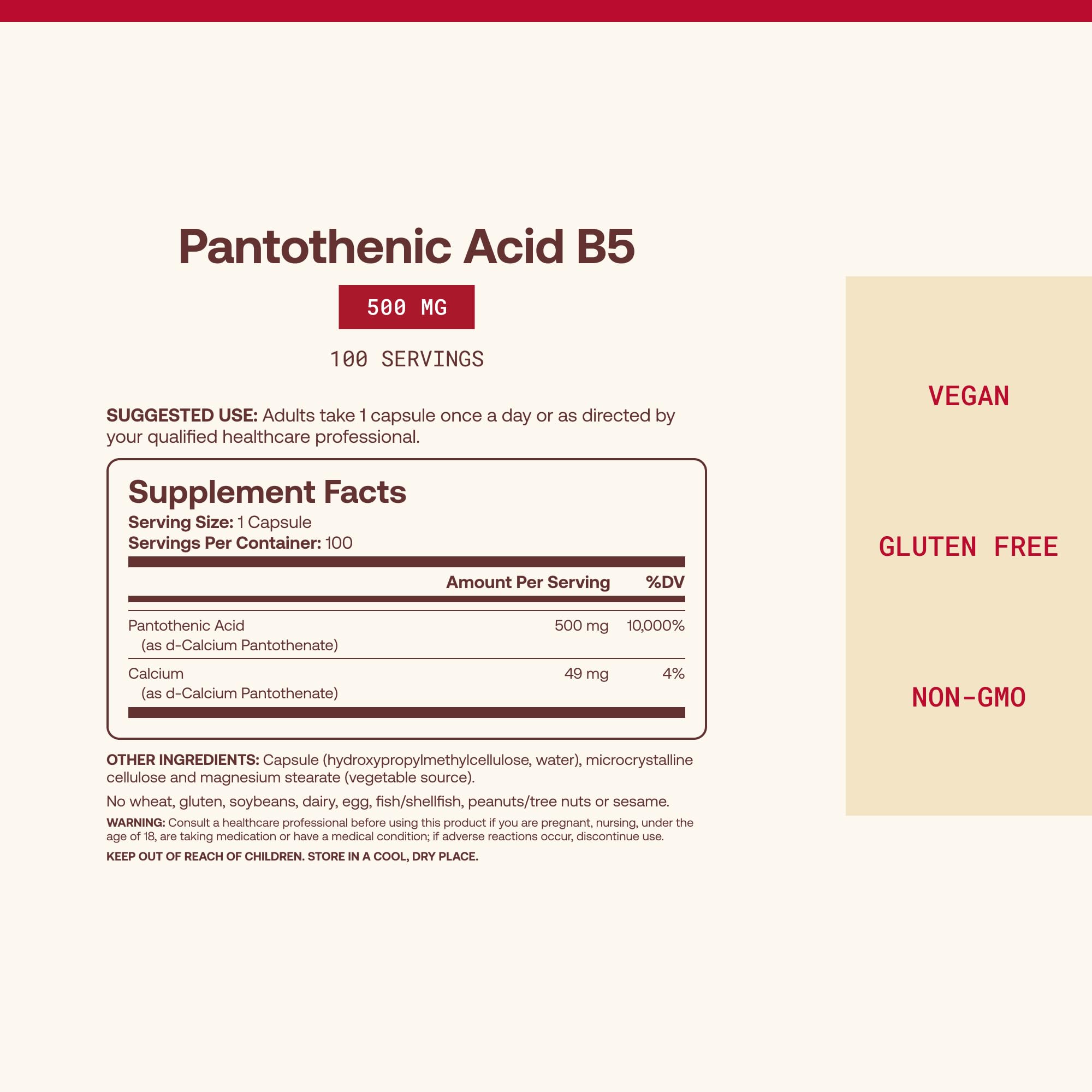 Jarrow Pantothenic Acid B5 500mg, Vitamin B5, 100 Capsules — Amazon image 4