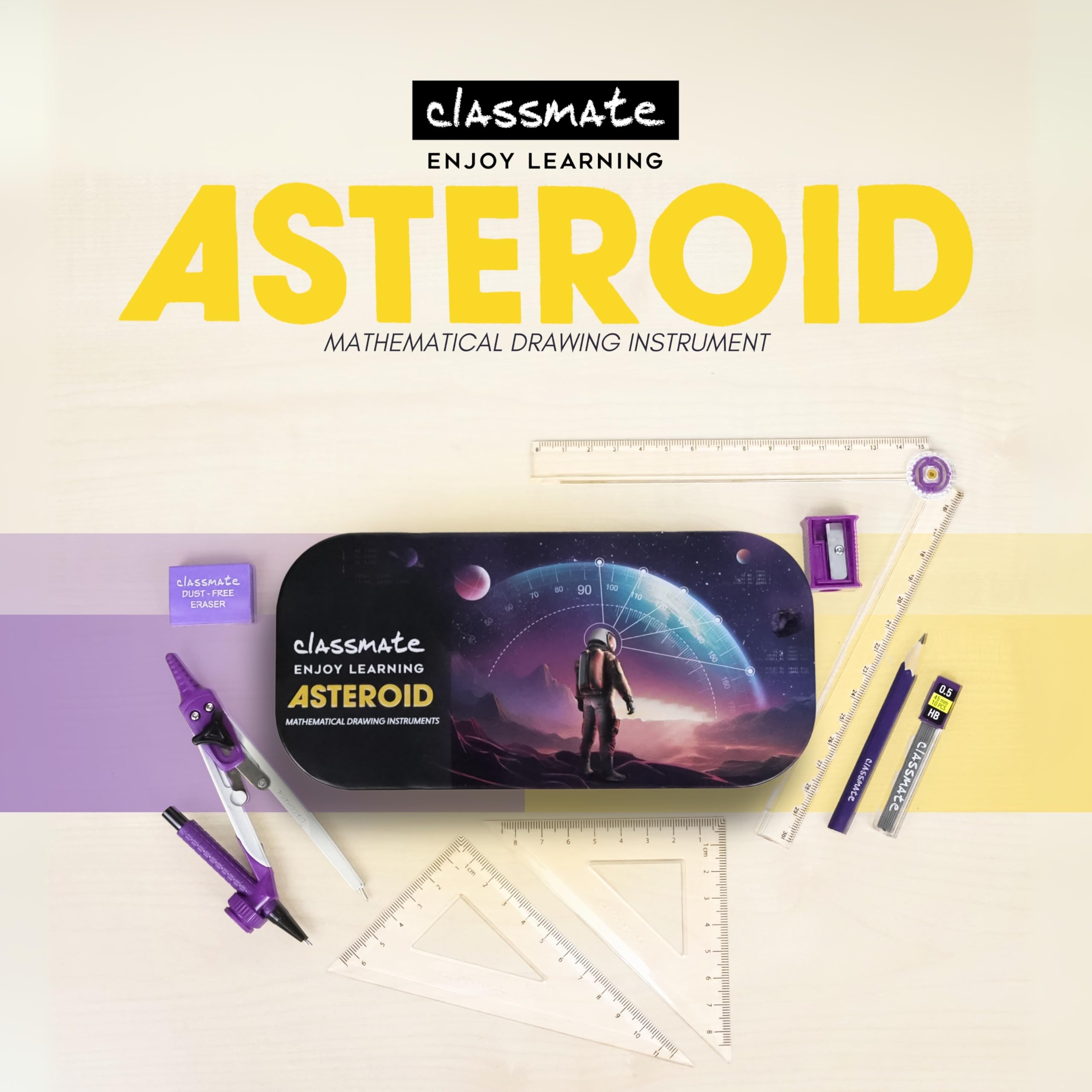 Classmate Asteroid Geometry Box | Compass-cum-Divider with arm locking mechanism | 30 cm Foldable Scale| Mechanical Pencil | Double sided tray 1