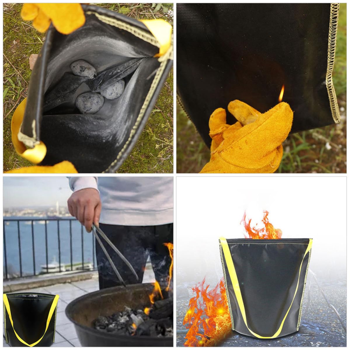 Mikikit Feuerfester mit Griffdesign Aufbewahrungsbeutel aus Nylon und Silikon Großer Kapazität in Schwarz für Grillkohle und Outdoor Einsätze