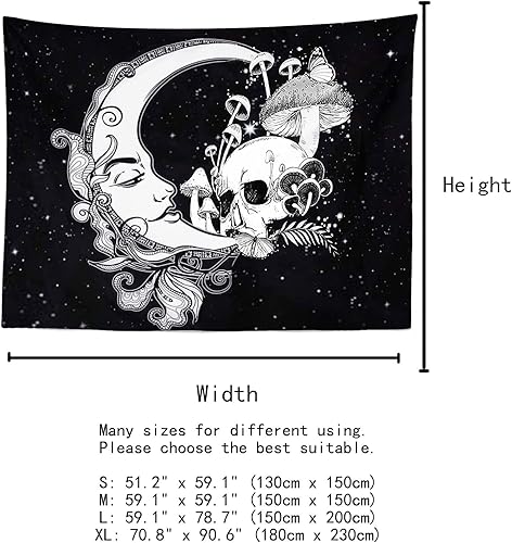 Miniatura 5 de Tapiz con diseño de calavera y luna en blanco y negro, diseño de hongos y mariposas místicas, estrellas estéticas, para colgar en la pared para sala