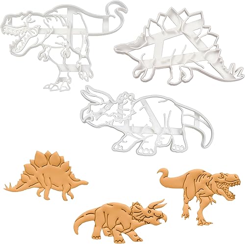 Juego de 3 cortadores de galletas de dinosaurios realistas (diseños: tiranosaurio Rex, Stegosaurus y Triceratops), 3 piezas - Bakerlogy