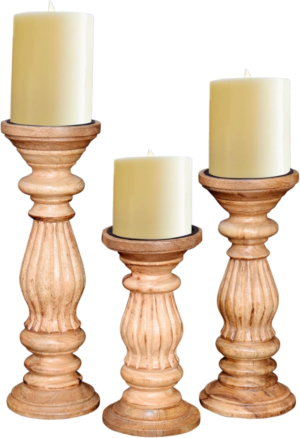 Perilla Home Wooden Pillar Candle Holders Set of 2 - Home Decor Candle Holder Centerpiece - for, Taper Candles, Dining Table Candle Holder Halloween, Home Decor, Candlesticks - Rustic Brown