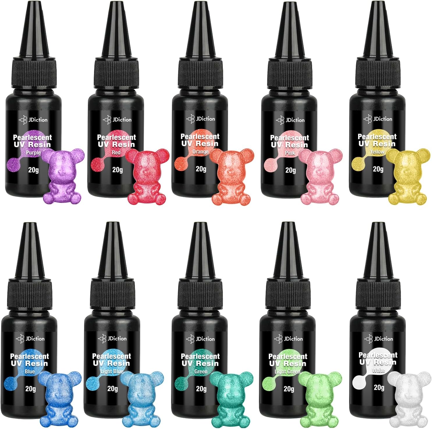JDiction Colored UV Resin, 10 Colors Pearlescent UV Resin Kit with Low Odor & Minimal Bubbles, Dazzling Colored UV Resin Starter Kit for Jewelry Making,Resin Casting,Crafts, Decoration -20g Each