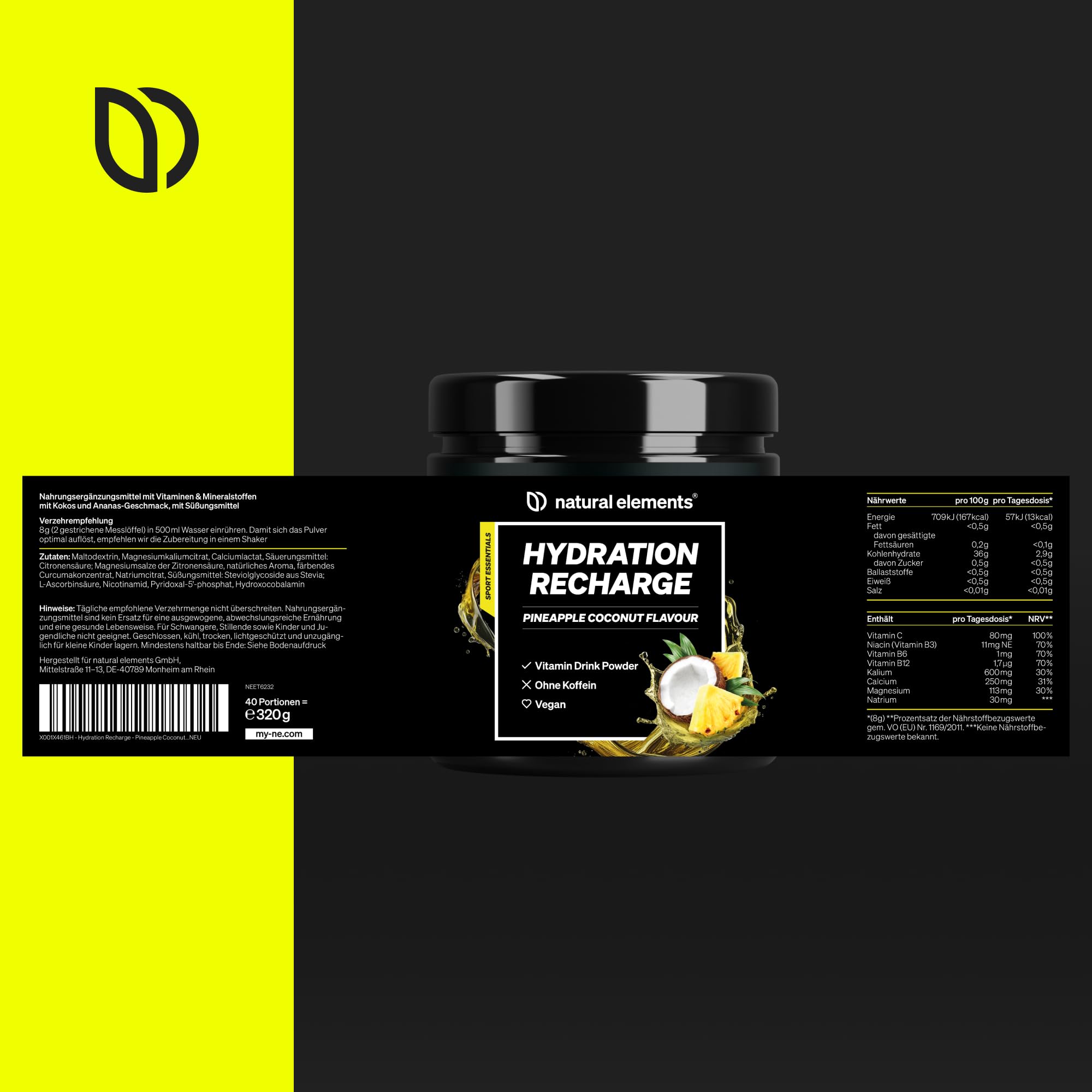 Hydration Recharge Pineapple Coconut – Pulver mit Elektrolyten & Vitaminen für die Ausdauer – ohne Zucker*, mit Stevia gesüßt – Getränkepulver zum Mixen – vegan, hochdosiert, laborgeprüft