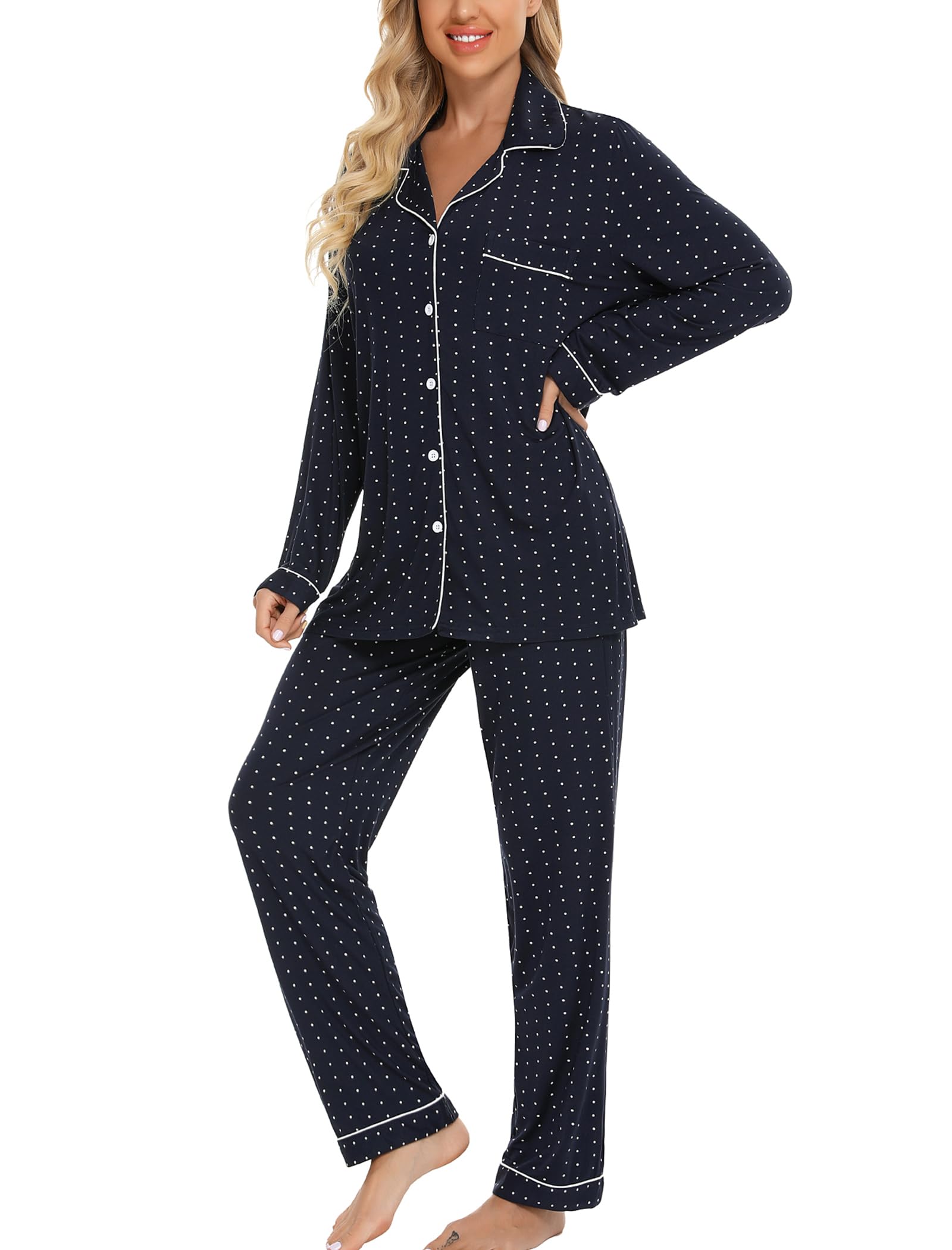 Leikar Womens Button Down Pajama Sets Long Sleeve Shirt And Pajama Pants Soft Pjs Lounge Sets S