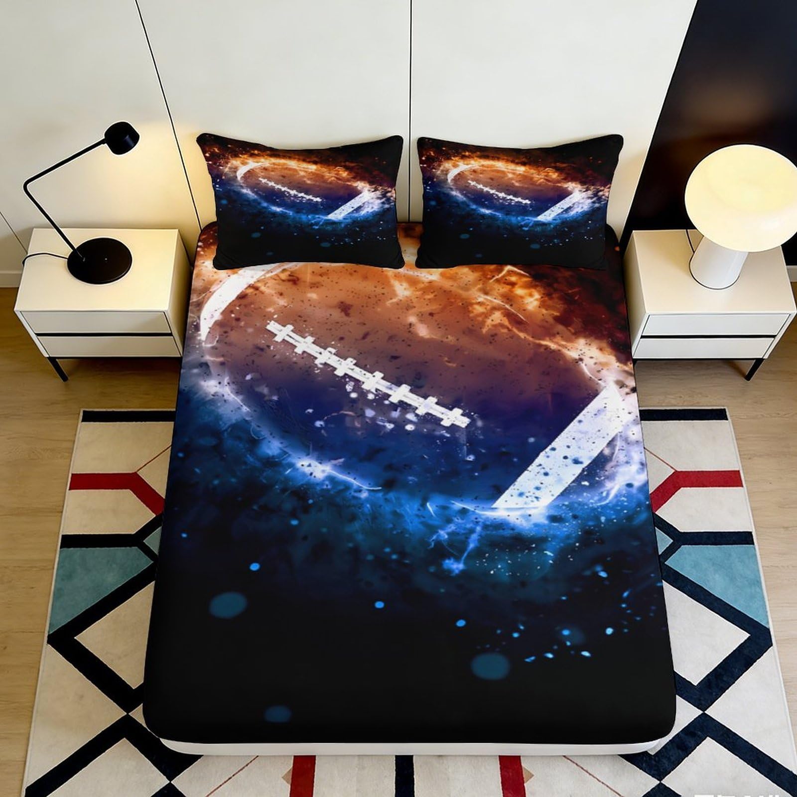 3D Printed Fiery Football Fitted Sheet Microfiber Soft Breathable Glowing Sports Bed Cover for Bedroom Dormitory Guest Room Mattress Protection Decor 120x200x25cm