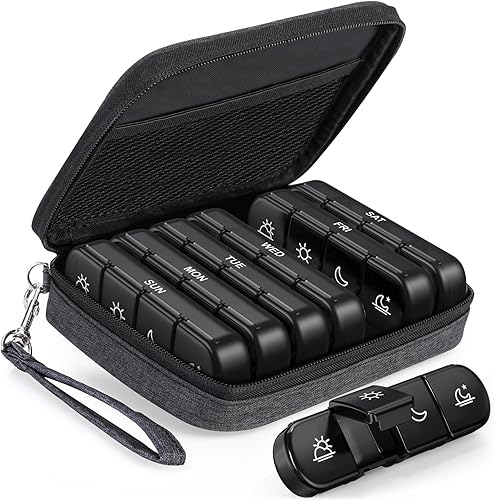 PULIV Organizador semanal de pastillas 4 veces al día con una bolsa elegante de negocios, pastillero portátil 7 días con 28 compartimentos para