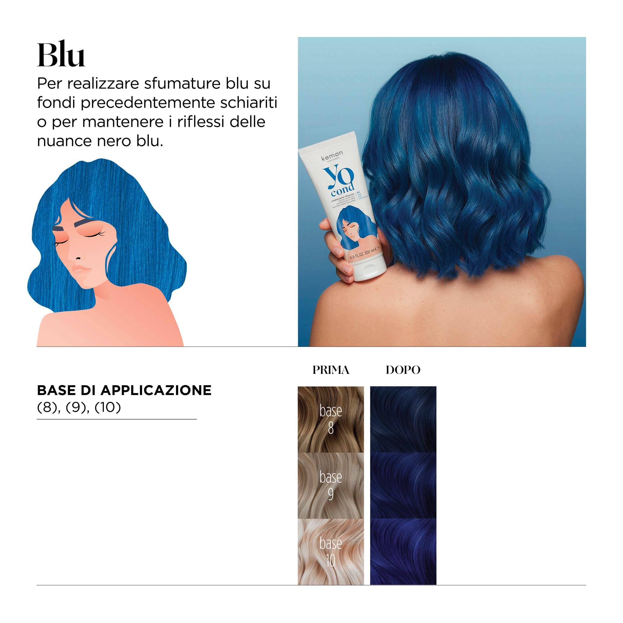 Kemon Yo Cond Blu - Maschera Riflessante Professionale con Formula YoVeg e Velian Complex, Nutre e Illumina i Capelli in 3 Minuti, 88% Ingredienti Naturali, 200 ml