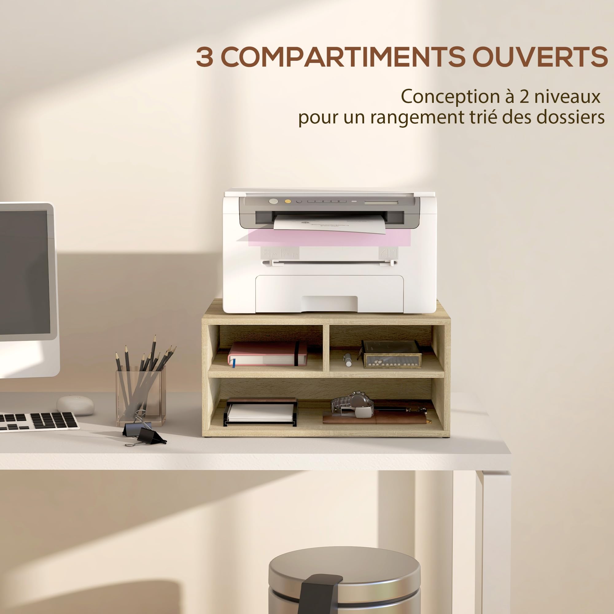 HOMCOM Supporto per stampante per scatola da ufficio, mobile da ufficio, con 3 scomparti, organizer da ufficio, 47 x 40 x 22,5 cm, effetto legno naturale