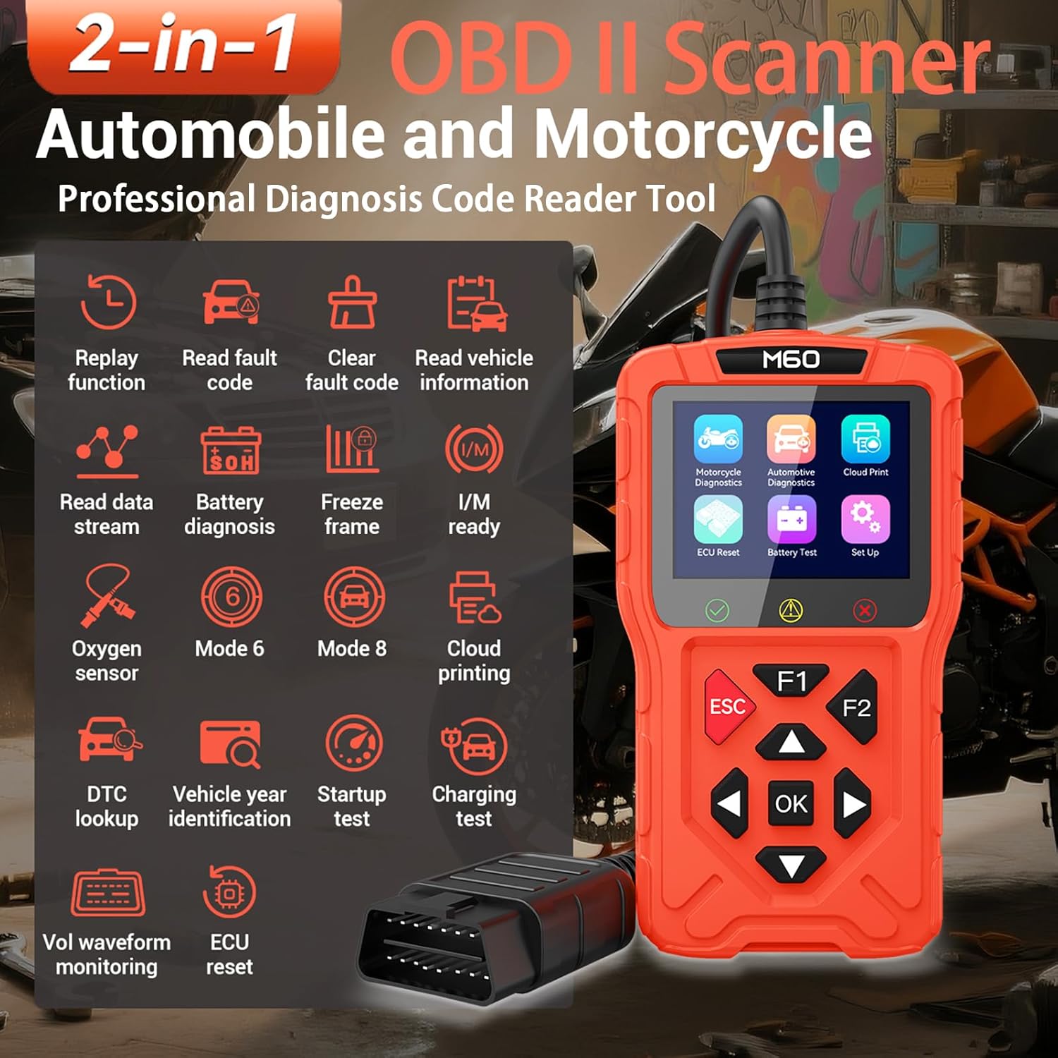 OBD2 Scanner Diagnostic Tool for Car,Professional Check Engine Code Reader,Battery Tester,Live Data,Freeze Frame,I/M Readiness,Works for All Vehicles Since 1996