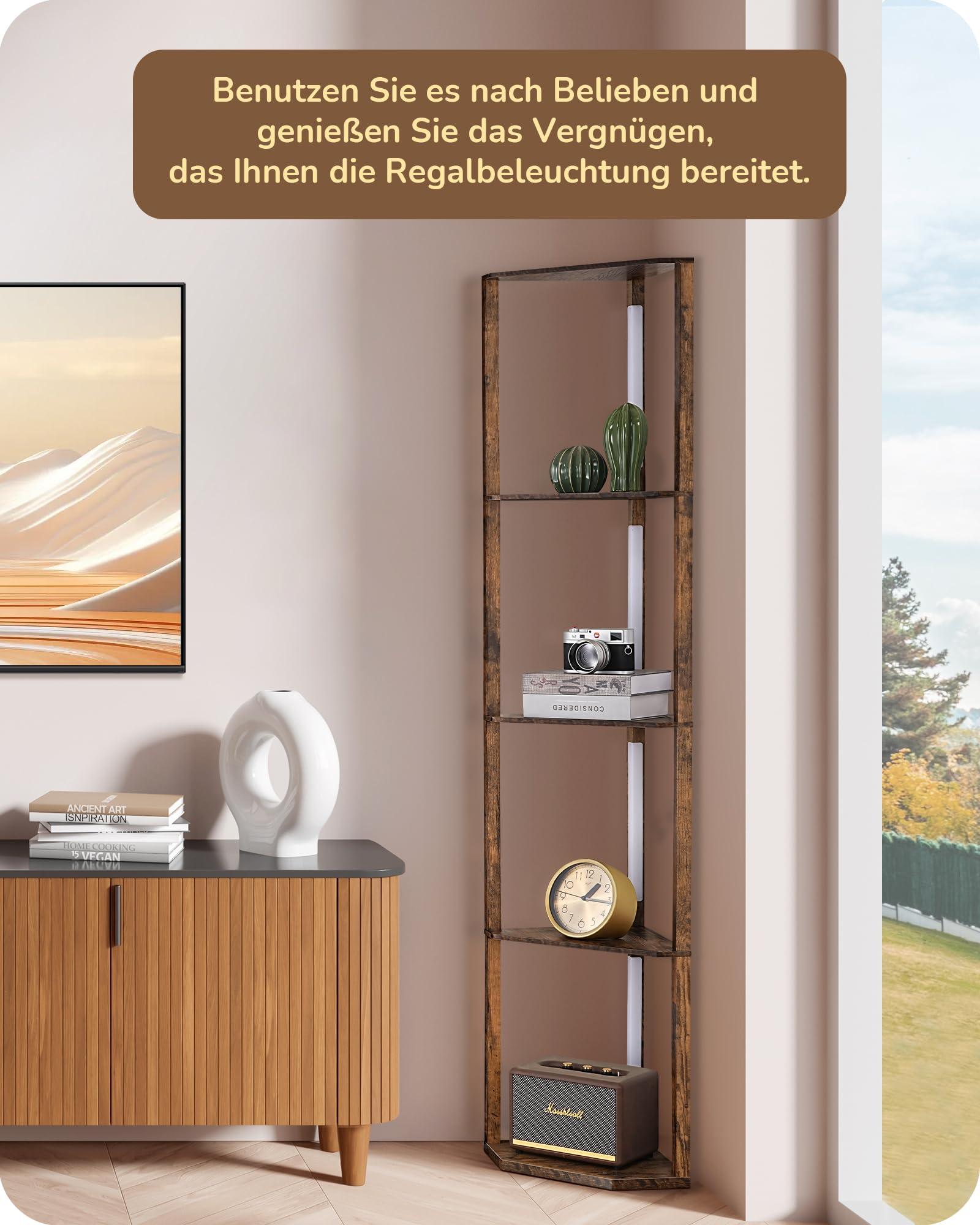 EDISHINE Stehlampe mit 4 Holz-Regal, Standleuchte Wohnzimmer, LED Dimmbar Stehleuchte 3-Farbtemperatur, Leselampe mit 360° Drehbarer Lichtmast, Fußschalter, Eckregal Regalbeleuchtung