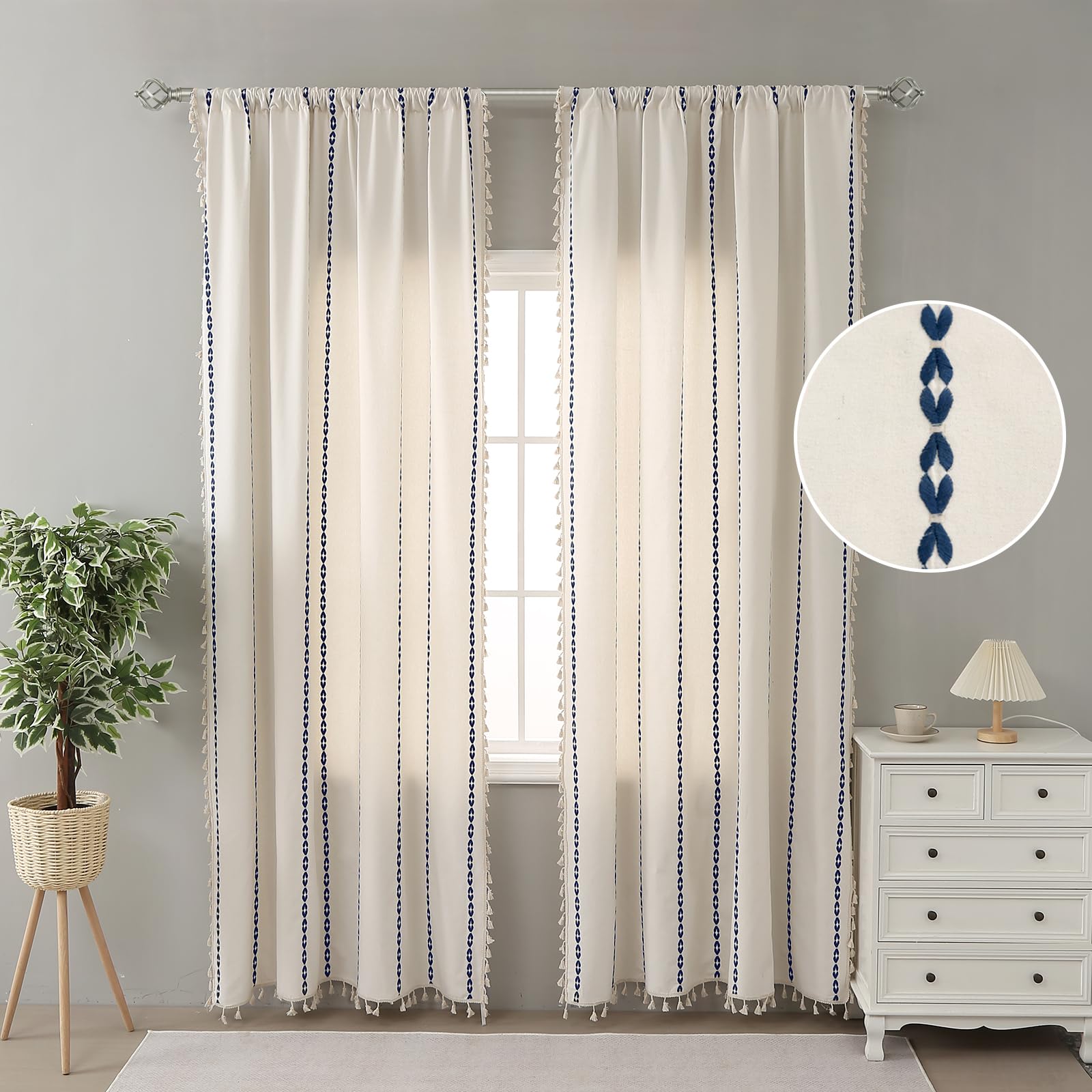 Blue Linen Curtains 84 Inch Length 2 Panels Set for Bedroom, Light Filtering Curtains for Living Room, Embroidery Farmhouse Cotton Striped Tassels Window Treatments Curtains