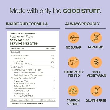 Hilma Daily Fiber and Digestive Enzymes, Fiber Supplement Powder with Prebiotics and Enzymes Formulated with Psyllium Husk and Acacia, Gluten Free, Vegan, FSA Eligible, Digestive Support, 30 Servings