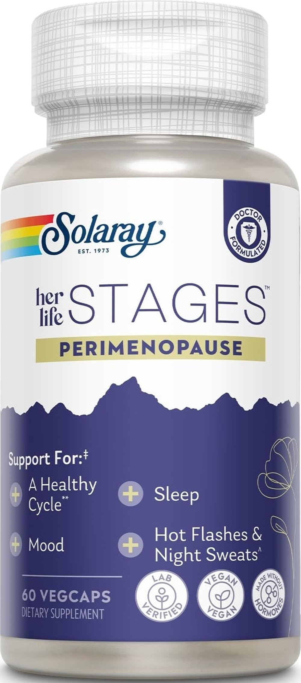 Solaray Perimenopause her Life Stages - Suplementos para la perimenopausia para mujeres, sofocos, apoyo para la menopausia, hecho sin hormonas, 60 cápsulas vegetales' | Perimenopausia, sofocos y apoyo para dormir, azafrán, bayas de casteberry y maca, 30 p