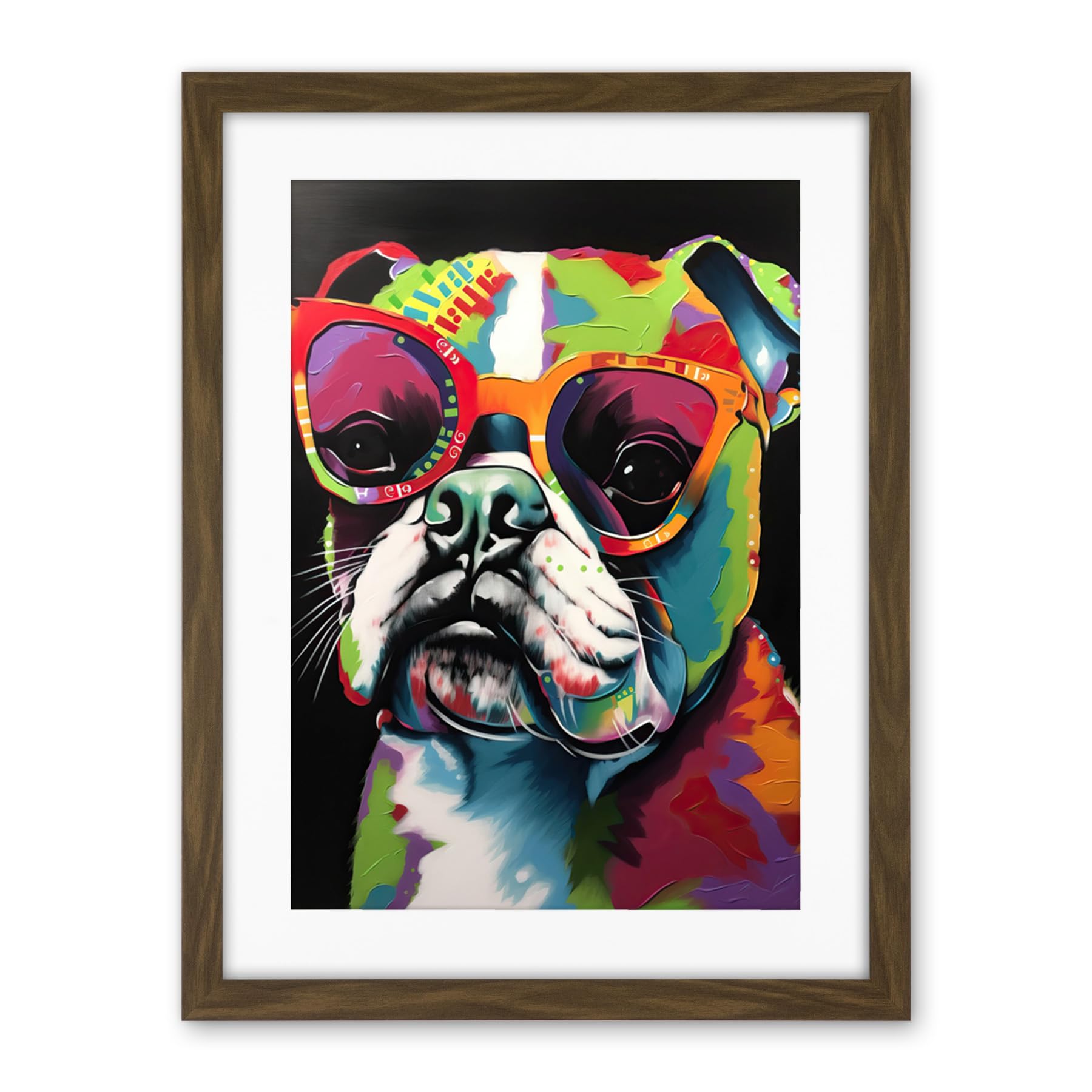 Artery8 Rainbow Colour English Bulldog Puppy in Sunglasses Artwork Framed Wall Art Print 18X24 Inch