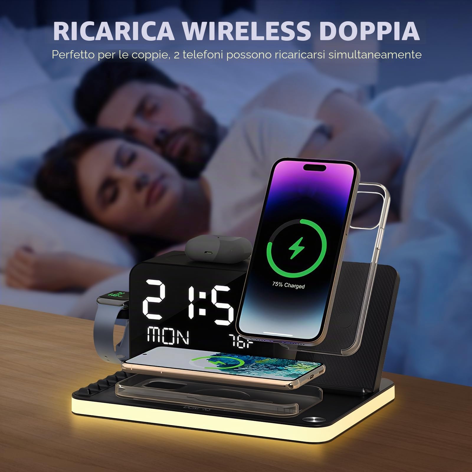 Stazione di Ricarica Rapida Senza Fili 7 in 1, Include 4 Supporti di Caricatore Wireless e 2 Porte di Ricarica, Base Ricarica Rapida da 30W per iPhone 17-12, Apple Watch
