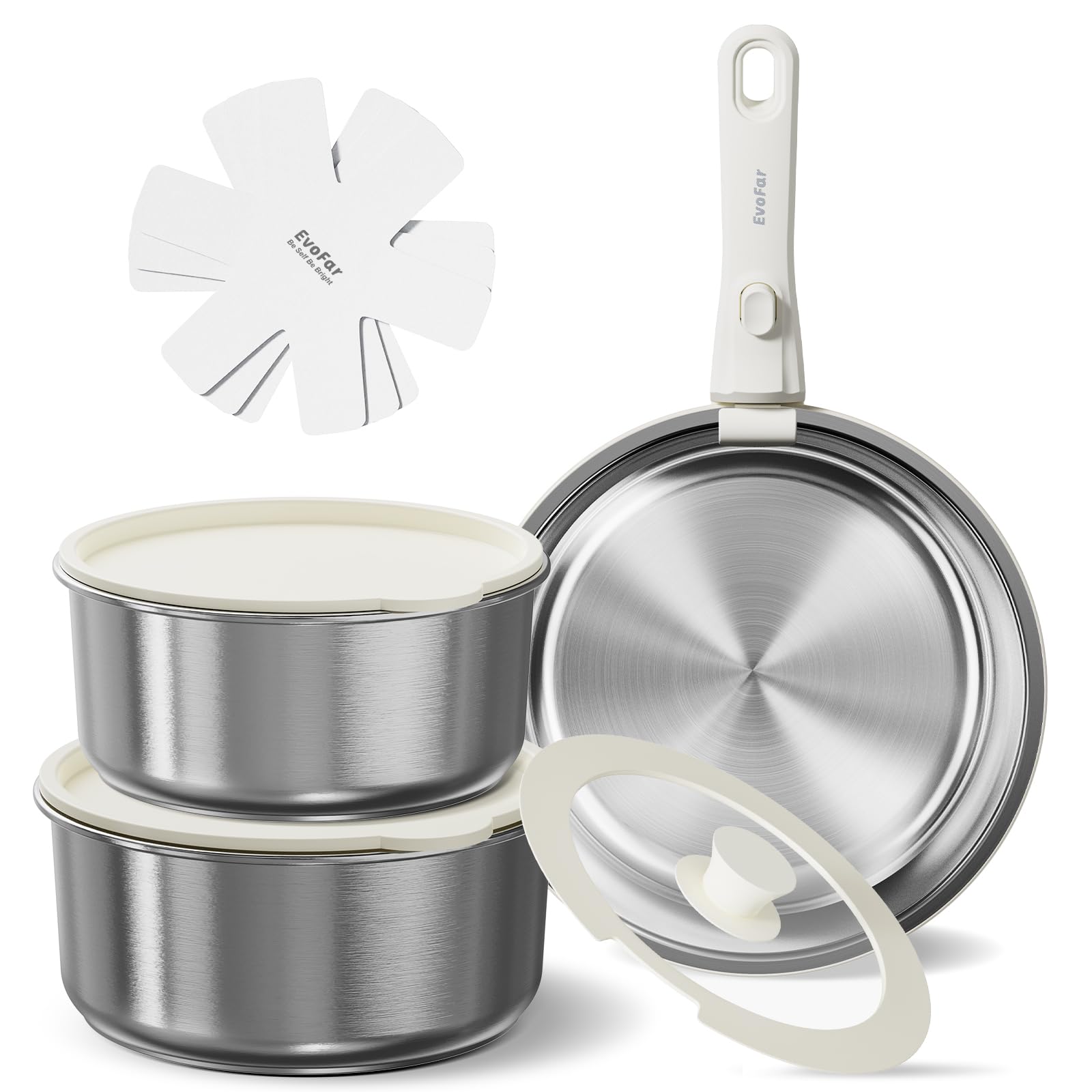 Juego de 10 sartenes de acero inoxidable con asas extraíbles, sartén de 24 cm, cacerola de 18/20 cm, apilables, para todo tipo de cocinas (plata)