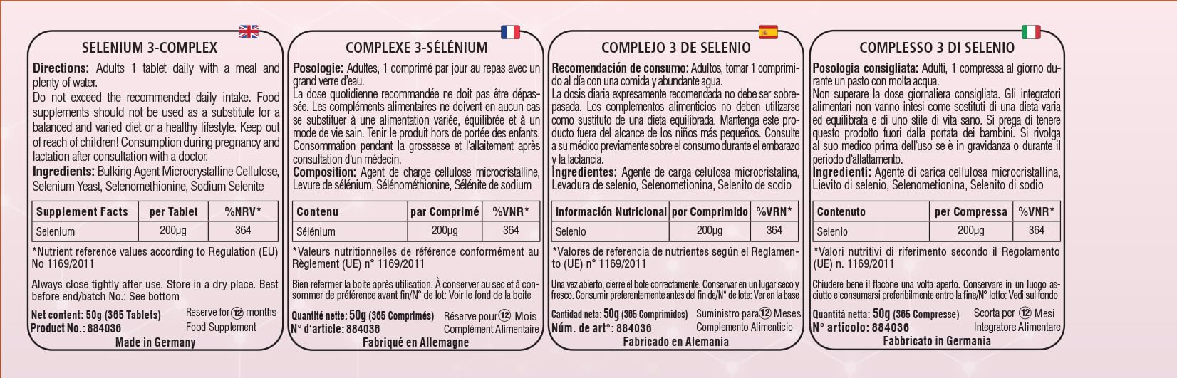 Selenium 3-complex - 365 compresse, contenente 200µg - Complesso di lievito di selenio, selenometionina e selenito di sodio - Dosaggio elevato - 100% vegano - Produzione tedesca e test di laboratorio