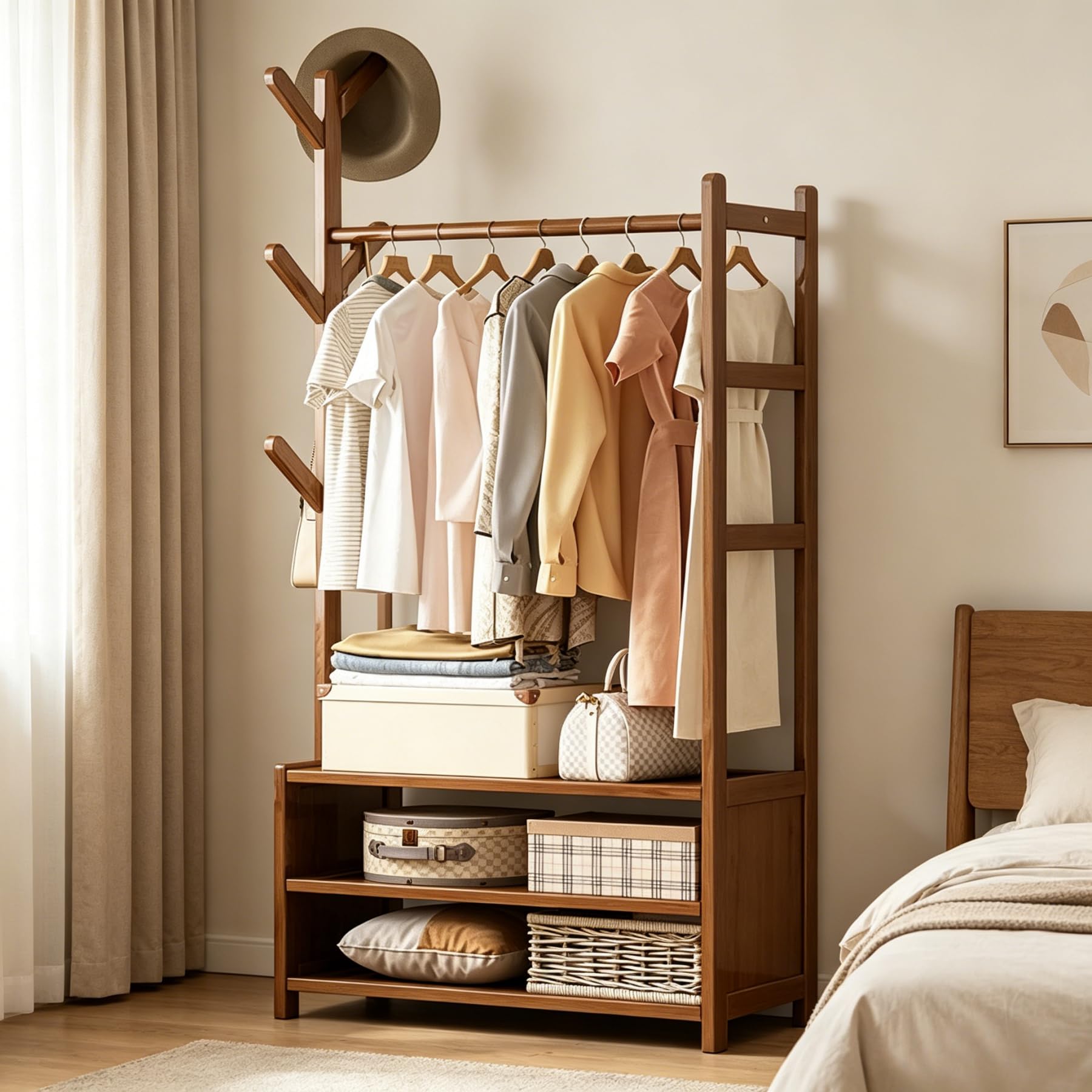 Perchero de Bambú de Pie Libre, Organizador de Ropa con Barra Colgadora y Estantes Abiertos, Colgador Elegante para Entrada, Dormitorio, Baño y Oficina