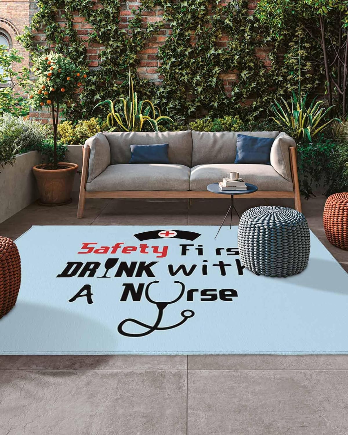 Outdoor Rug Nurse Cap Blue Backdrop Patio Porch Rug Mat Drink with A