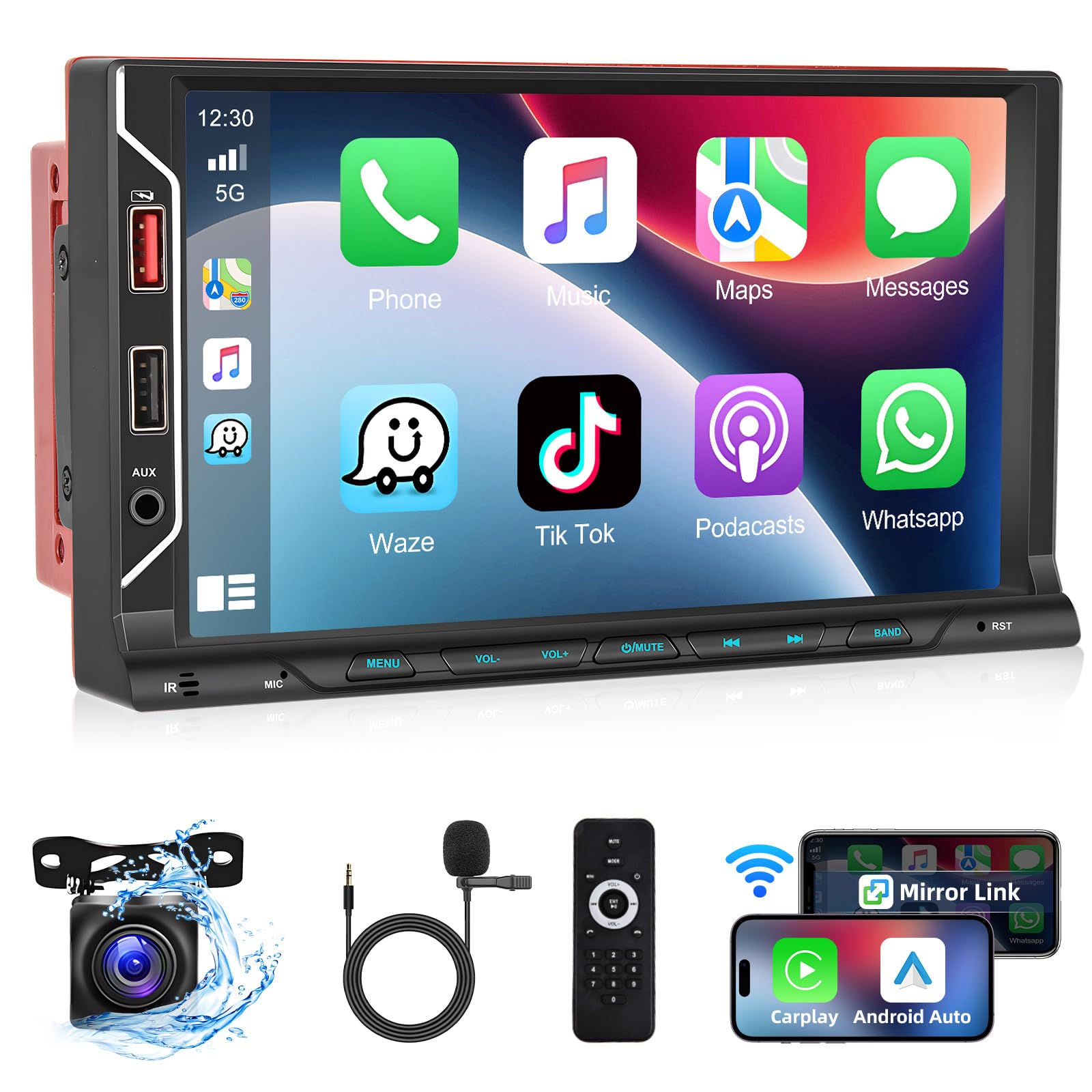 Autoradio Podofo A-pple Carplay 2 Din 7'' HD Écran Tactile Android Auto avec Bluetooth 5.1/Rétroéclairage Coloré/FM/EQ/AUX/USB+Caméra de Recul AHD et Micro