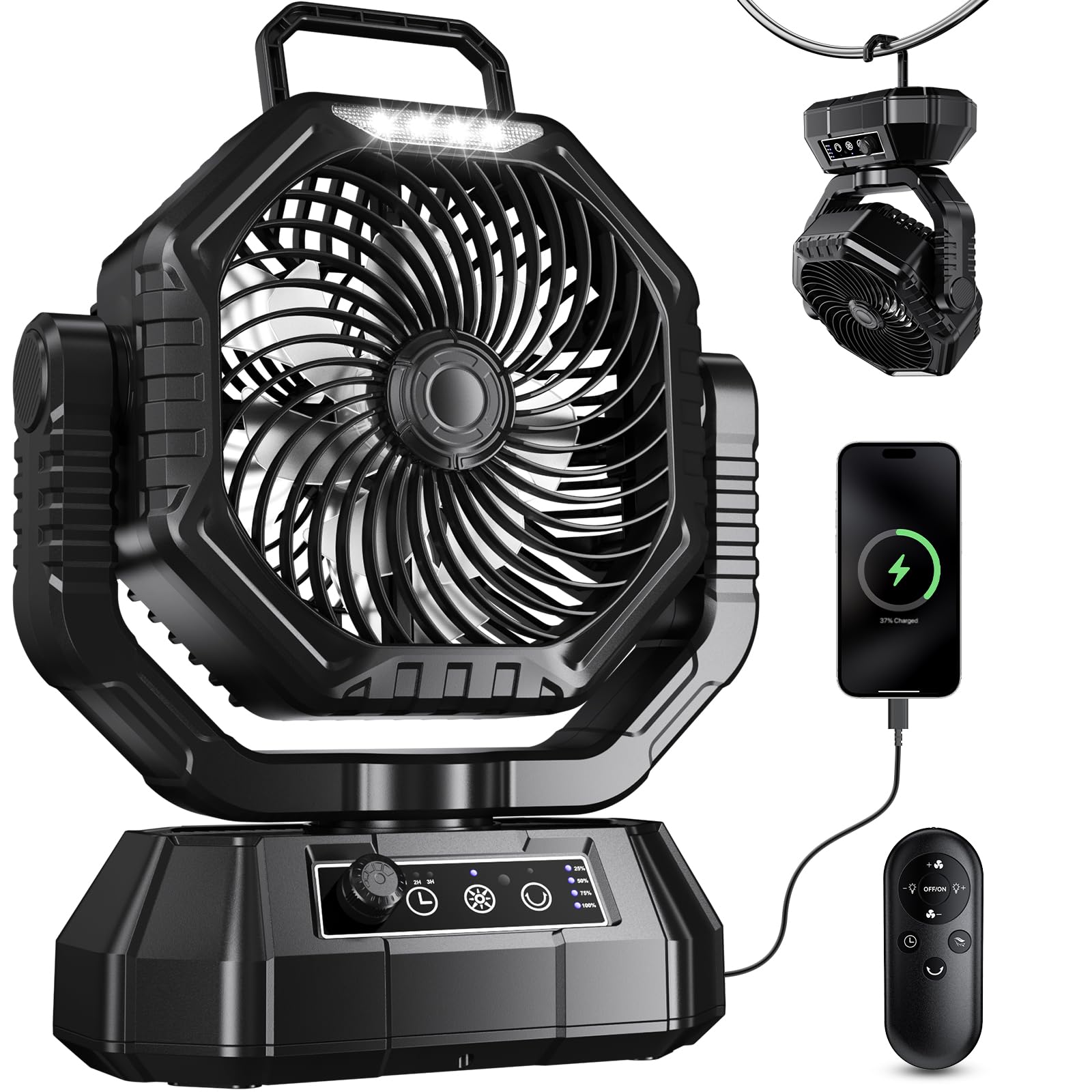 VTHW Camping Ventilator, 20000mAh Wiederaufladbarer Ventilator mit LED Licht & Haken, 270° Drehung, Stufenlose Geschwindigkeit, Timer-Modus, USB Tischventilator für Indoor Outdoor (Schwarz)
