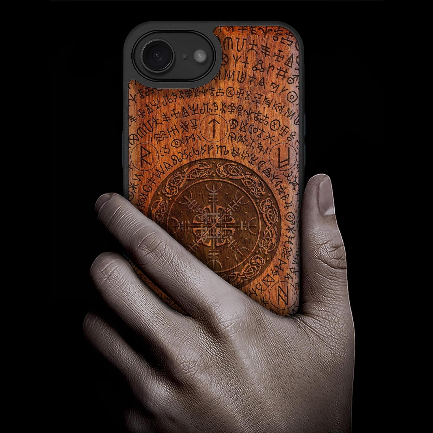 Carveit Magnetic Wooden Case for iPhone 16e / 17e, Solid Wood & Black TPU, Artisan Engraved Design, Shockproof Cover, Compatible with MagSafe Wireless Chargers, Viking Symbol - Rosy