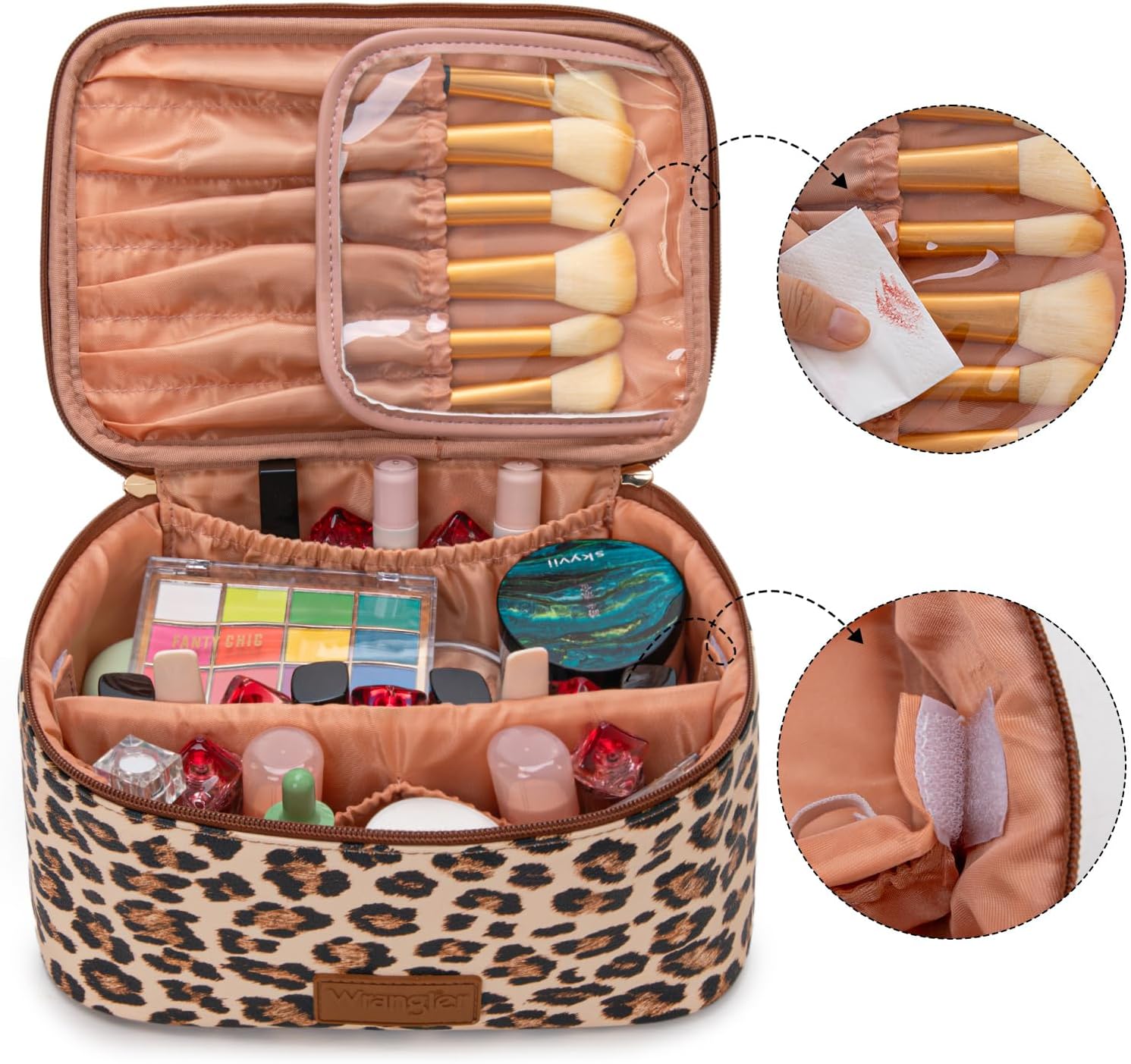 Montana West X Wrangler Travel Makeup Bag 2pcs Set Large Cosmetic Bag with Makeup Brush Holder Portable Make Up Organizer Cute Toiletry Bag with Divider and Handle for Women Leopard - Image 3