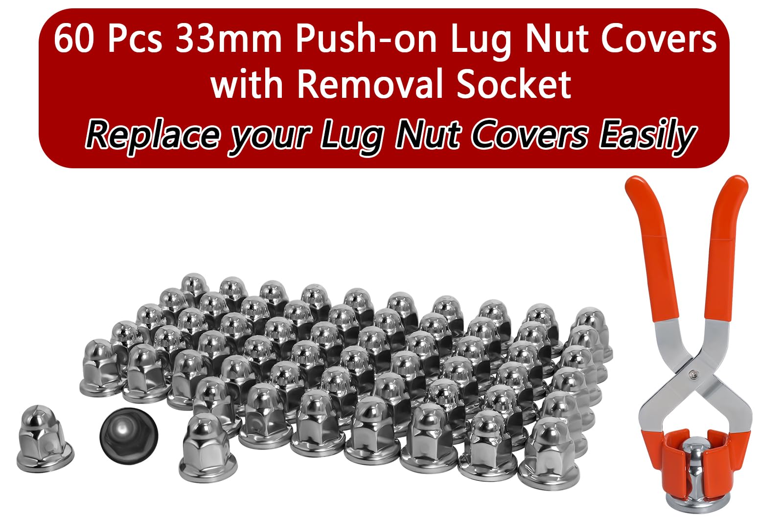 Podoy 33mm Stainless Steel Lug Nut Covers Push-on for Semi Trucks, Polished Bullet Flanged 33 mm x 2â€? Height (60 Pack)