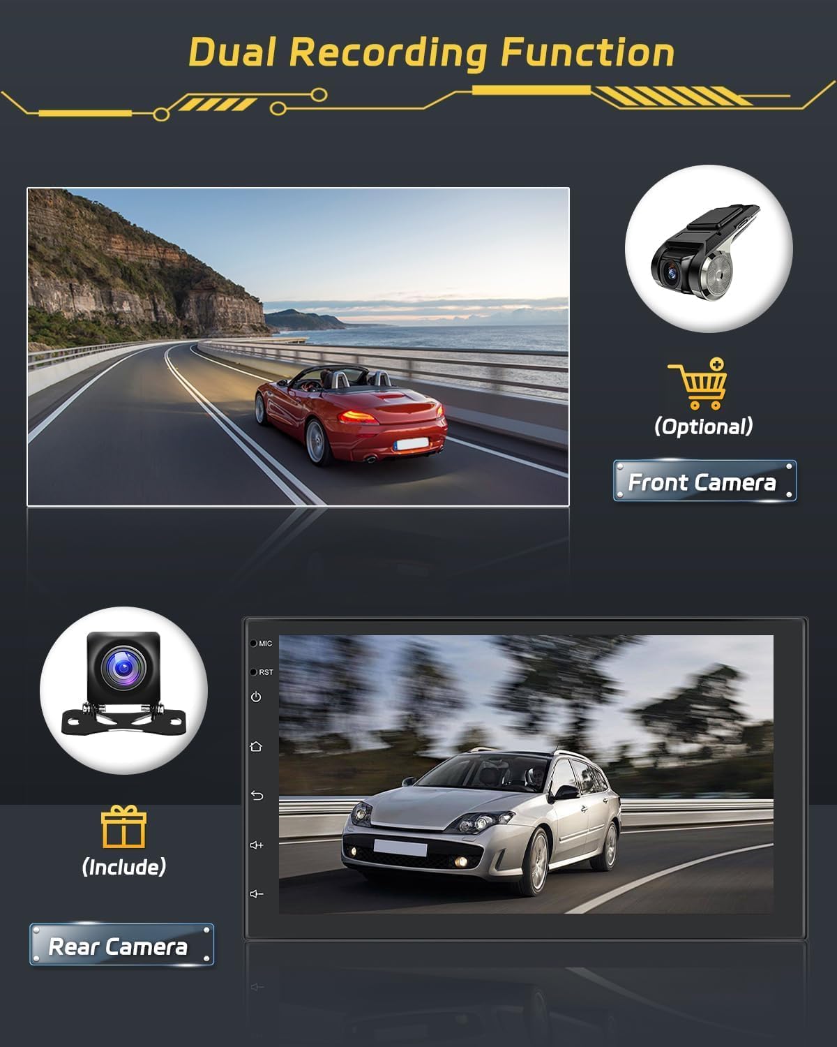 Image showing a car on a road and a separate inset of a rear camera, indicating the included rear camera and an optional front camera for dual recording functionality.